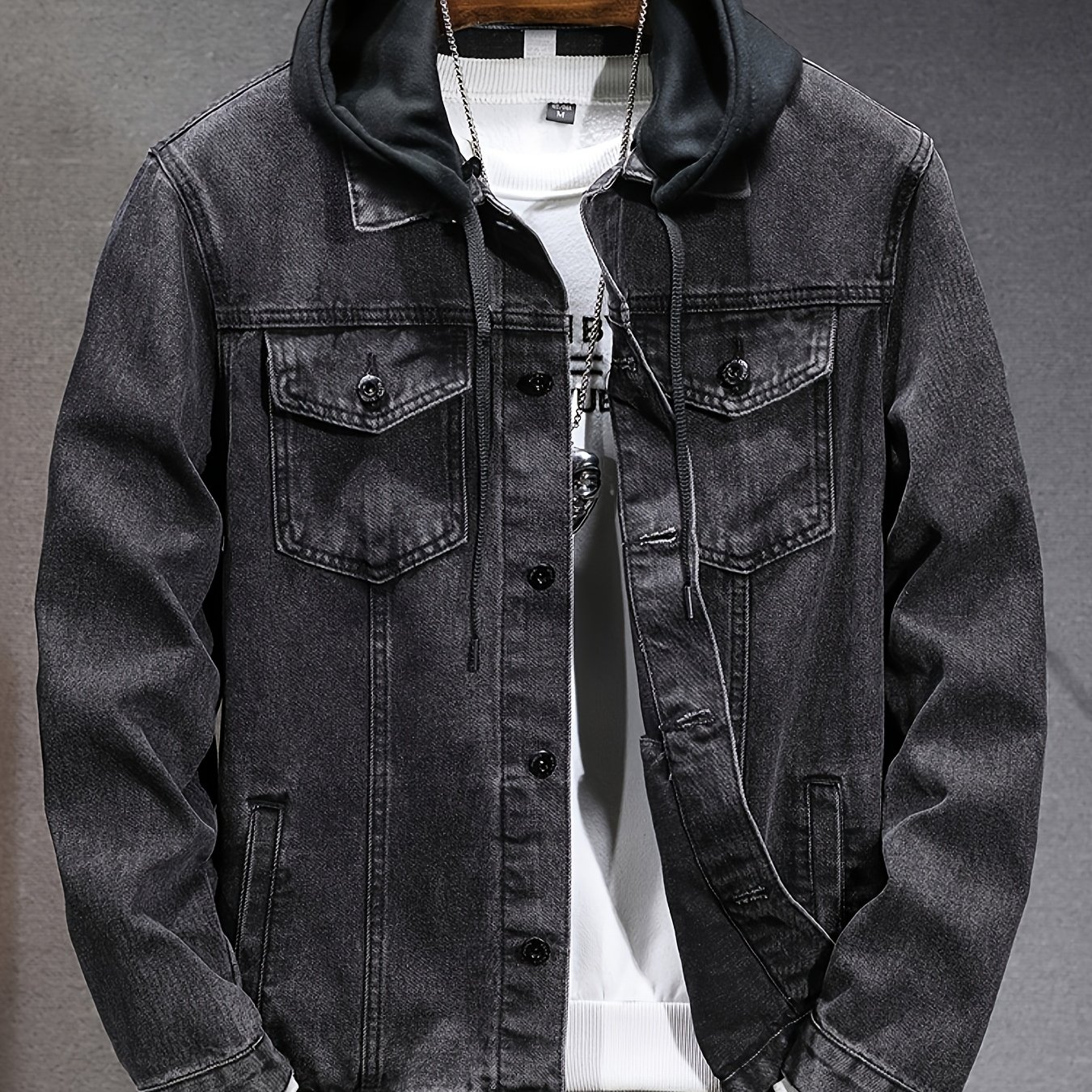 TEMU Men's Detachable Hood Denim Jacket In Black Grey, Windproof Slim Fit Casual Jean Coat Windproof Men's Denim Jacket With Detachable Hood,