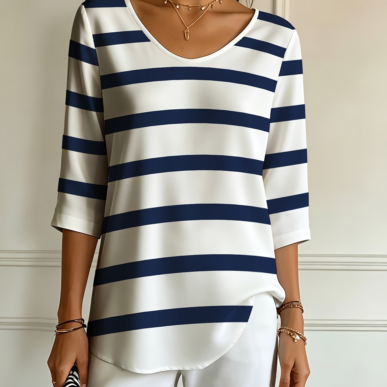 TEMU [printed Design - Not Textured] Casual And Fashionable Holiday Women's Regular Fit Striped -quarter Sleeve T-shirt Top