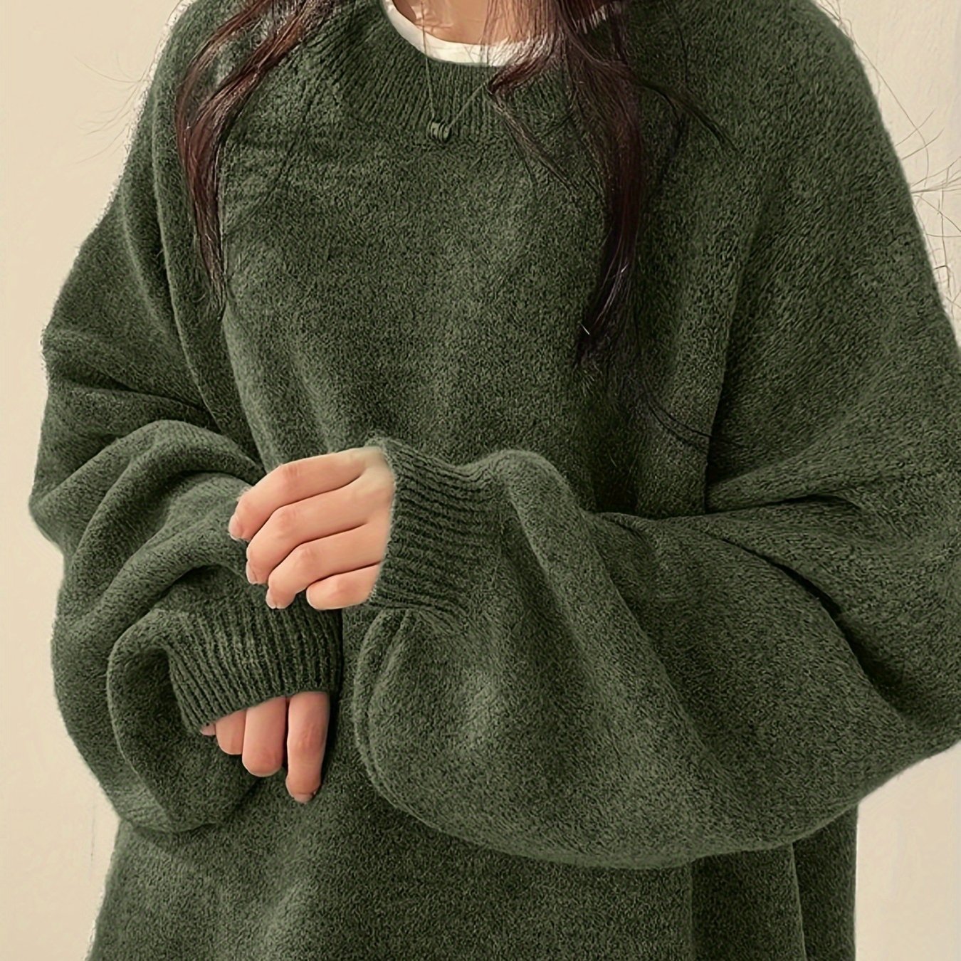 Image of Solid Round Neck Pullover Sweater, Casual Long Sleeve Drop Shoulder Split Top, Women's Clothing