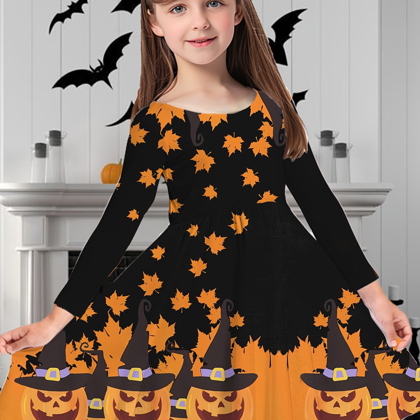 Halloween Hat Crew Neck Long Sleeve Dress