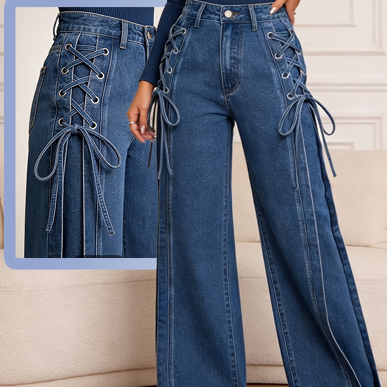 TEMU Side-belted Bow Tie Denim Pants For Women, High-waisted Slim-fitting Straight-leg Denim Long Pants That The Figure, Have A Relaxed And Straight
