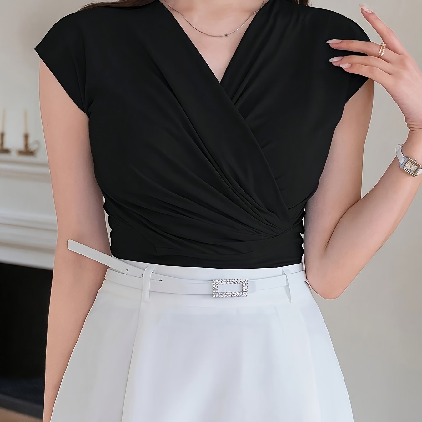 TEMU Women' Color V-neck Twist Ruched Fitted Batwing T-shirt, Elegant Office Business Casual Top, Summer Wear