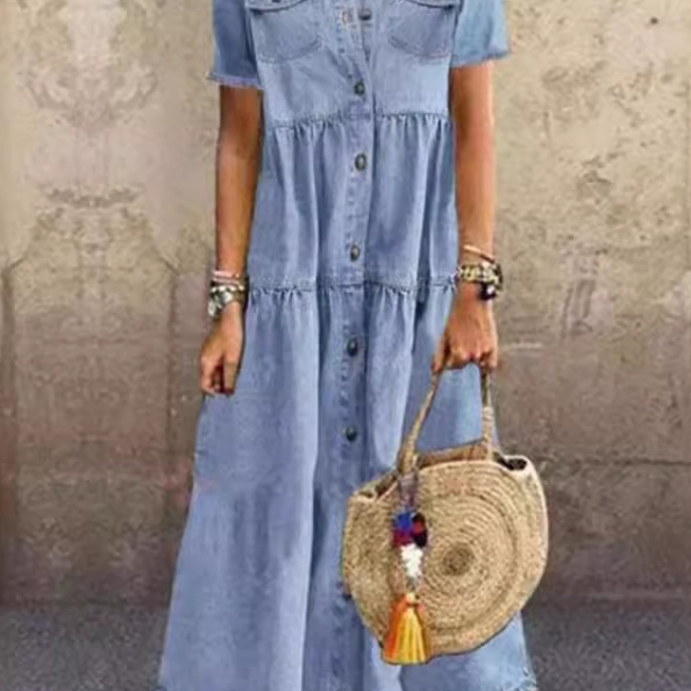 Women's Denim Style Long Dress, 2026 Summer Vintage Washed Design, Multi-button Decoration, Elegant Loose Silhouette, Trendy Casual Outfit For Dating, Party, Vacation And Daily Leisure Occasions