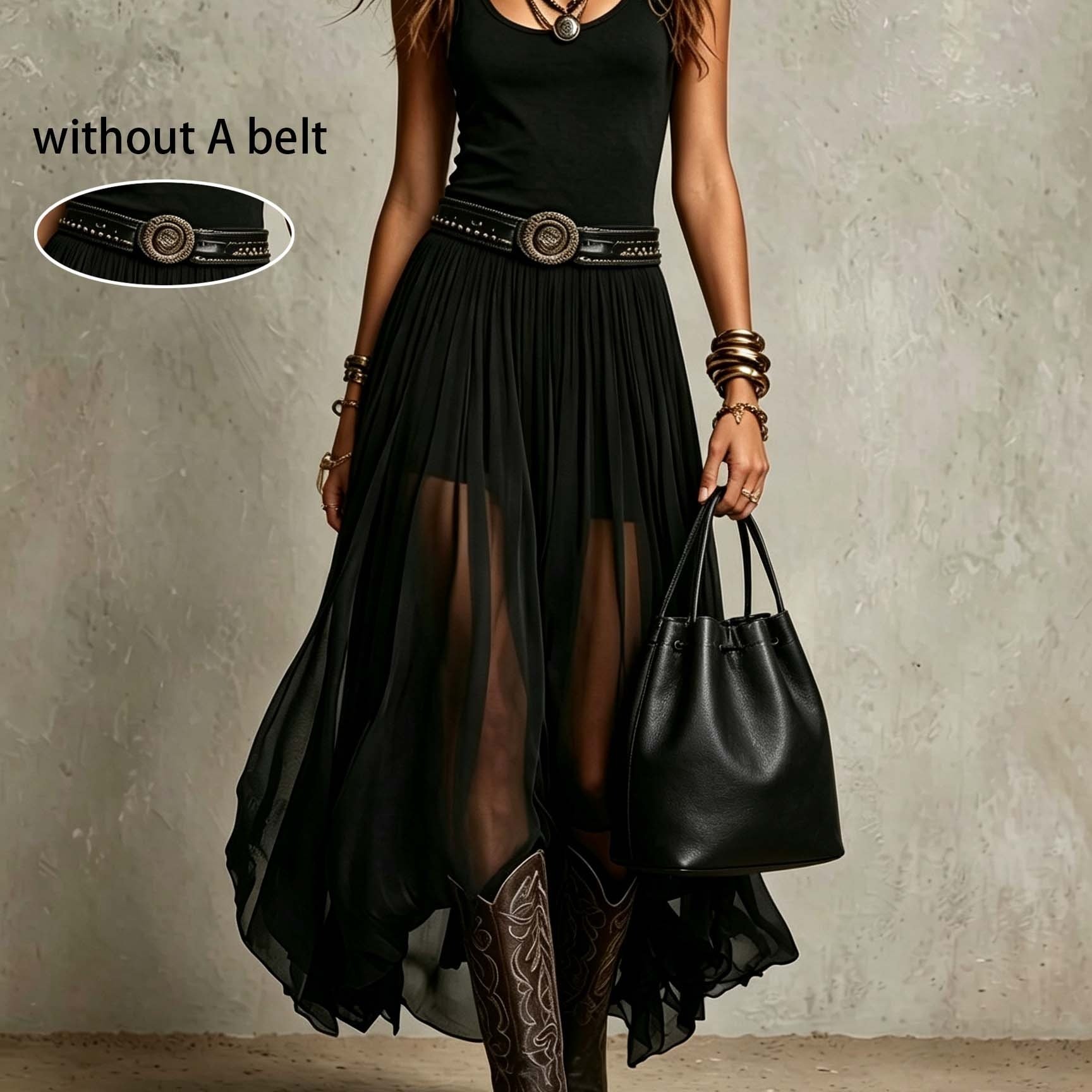 TEMU Western Style Mesh Half Skirt High Waist Irregular Flared Long Dress [zllz]