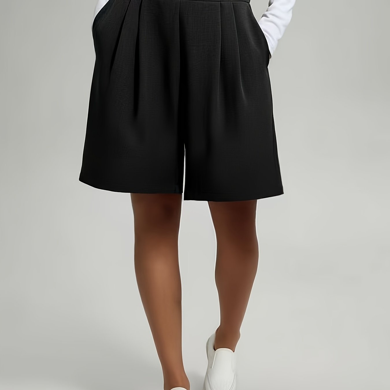 Image of Women's Summer Casual Bermuda Shorts Women's Elegant Wide Leg Shorts, 100% Solid Color Loose High Waist Shorts With Pockets, Elastic Waist Detail, Suitable For Spring And Summer