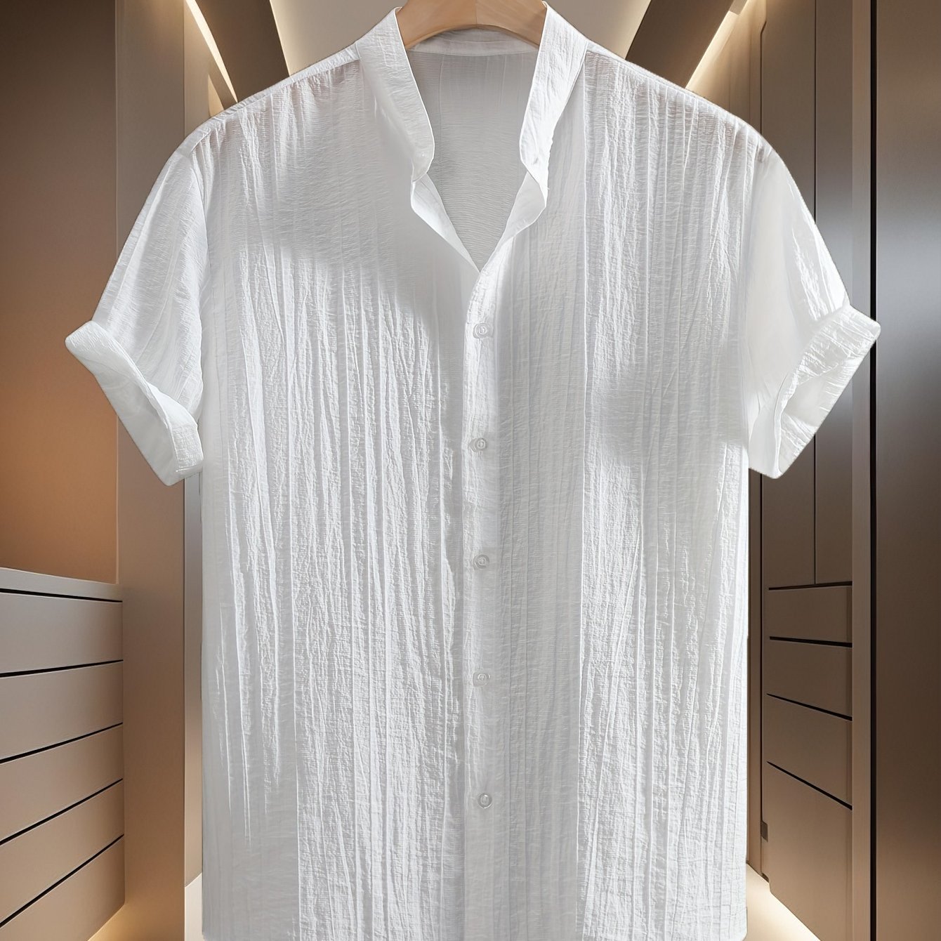 TEMU [ OBM] Chemise d'été pour homme, couleur unie, tissu respirant à texture spéciale, petit , style décontracté et tendance, manches courtes, coupe