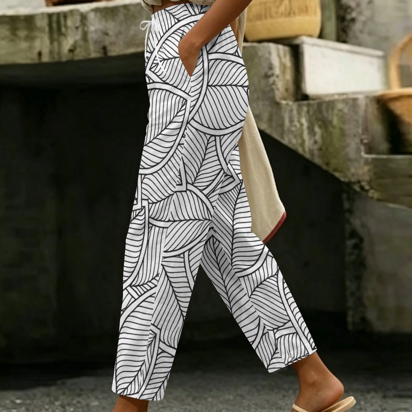 TEMU Women's Casual Trousers With Clear Vein Lines On Plant Leaf Pattern, Daily Casual Fashion Women's Clothing, Craft, Essential Fashion Item For