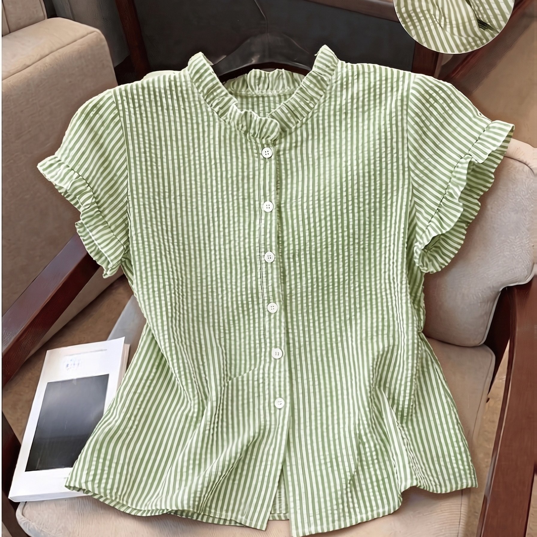 TEMU Women's Ruffle Collar Short Sleeve Single-breasted Striped Shirt, Summer