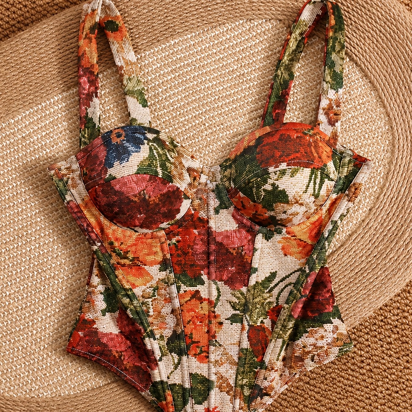 TEMU Elegant Women's Clothing, A Floral Print Back-zip Camisole With Thick Shoulder Straps, Sexy And Form-fitting, Perfect For Valentine's Day