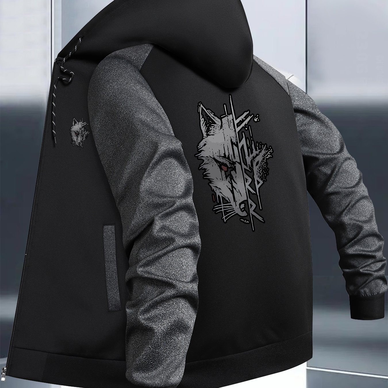 TEMU Men's Trendy Spring/autumn Hooded Color-block Jacket With Wolf Head Print, Business Baseball Style Casual Hooded Jacket, Versatile Outerwear,