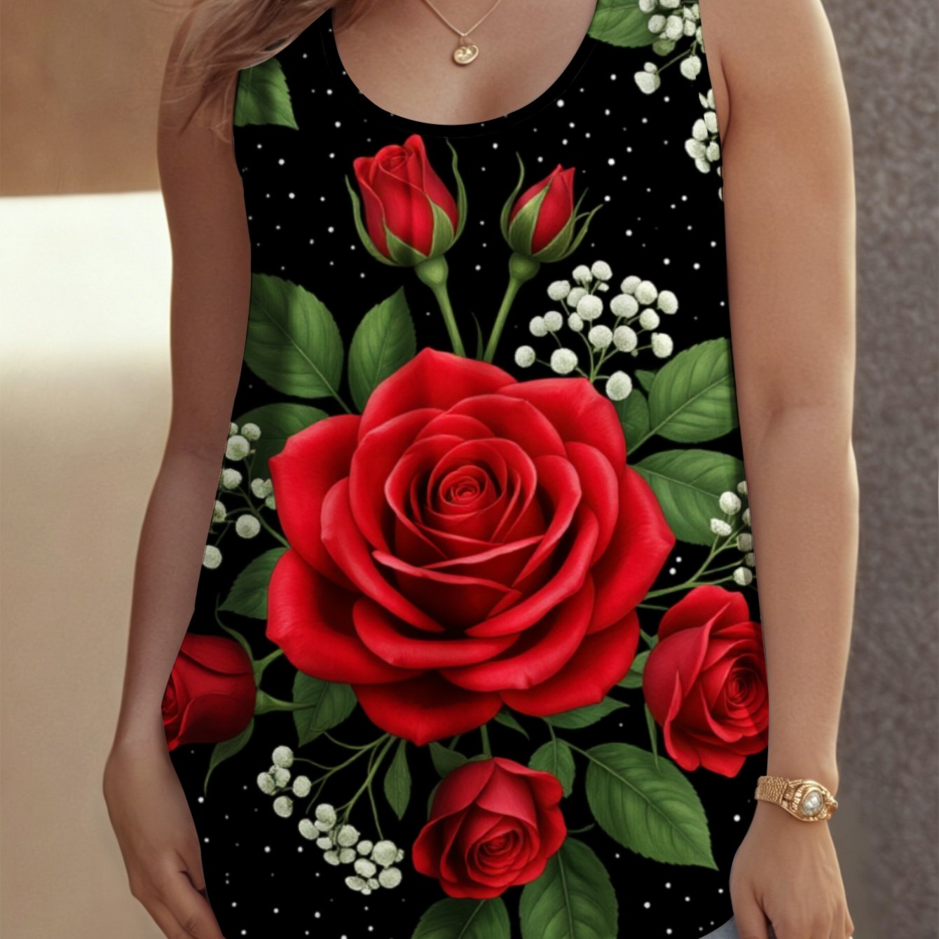 TEMU Plus Size - Women's Plus Size Crew Neck Sleeveless Tank Top, Sizes 0xl-9xl Red Rose Floral Breathable Fabric Versatile Plus Size Suitable For ,