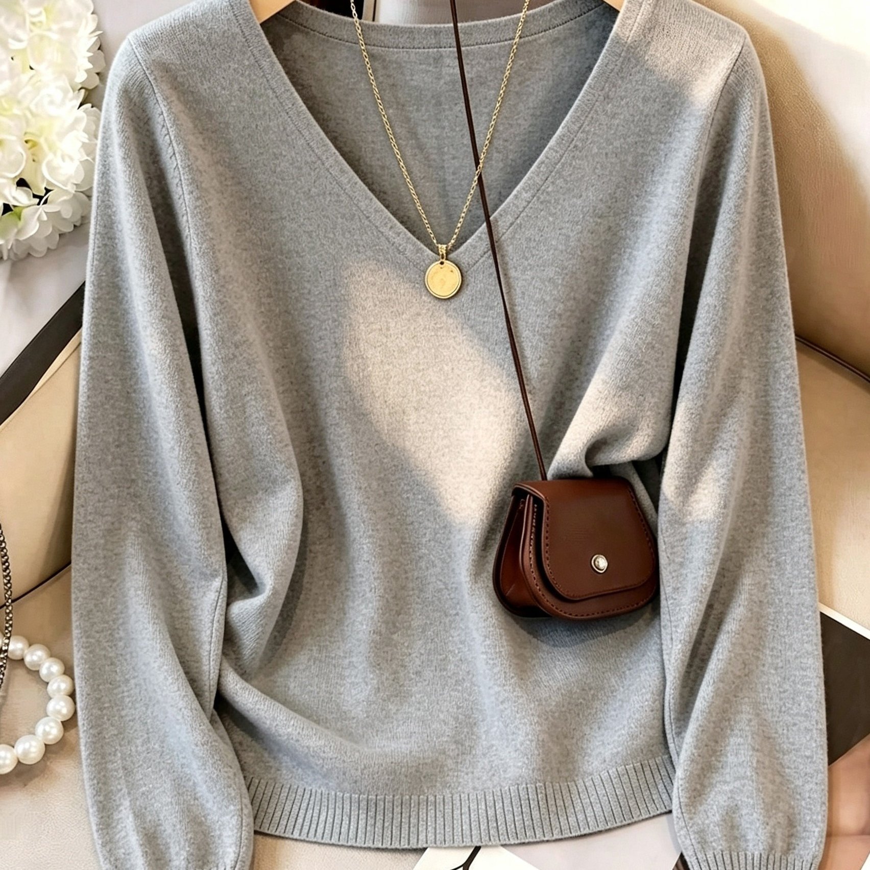 TEMU Women's Pullover Sweater, Autumn Winter -neck Long Sleeve Sweater, Gentle Style Easy Temperament Fabric, Classic V-neck Design Versatile, Loose