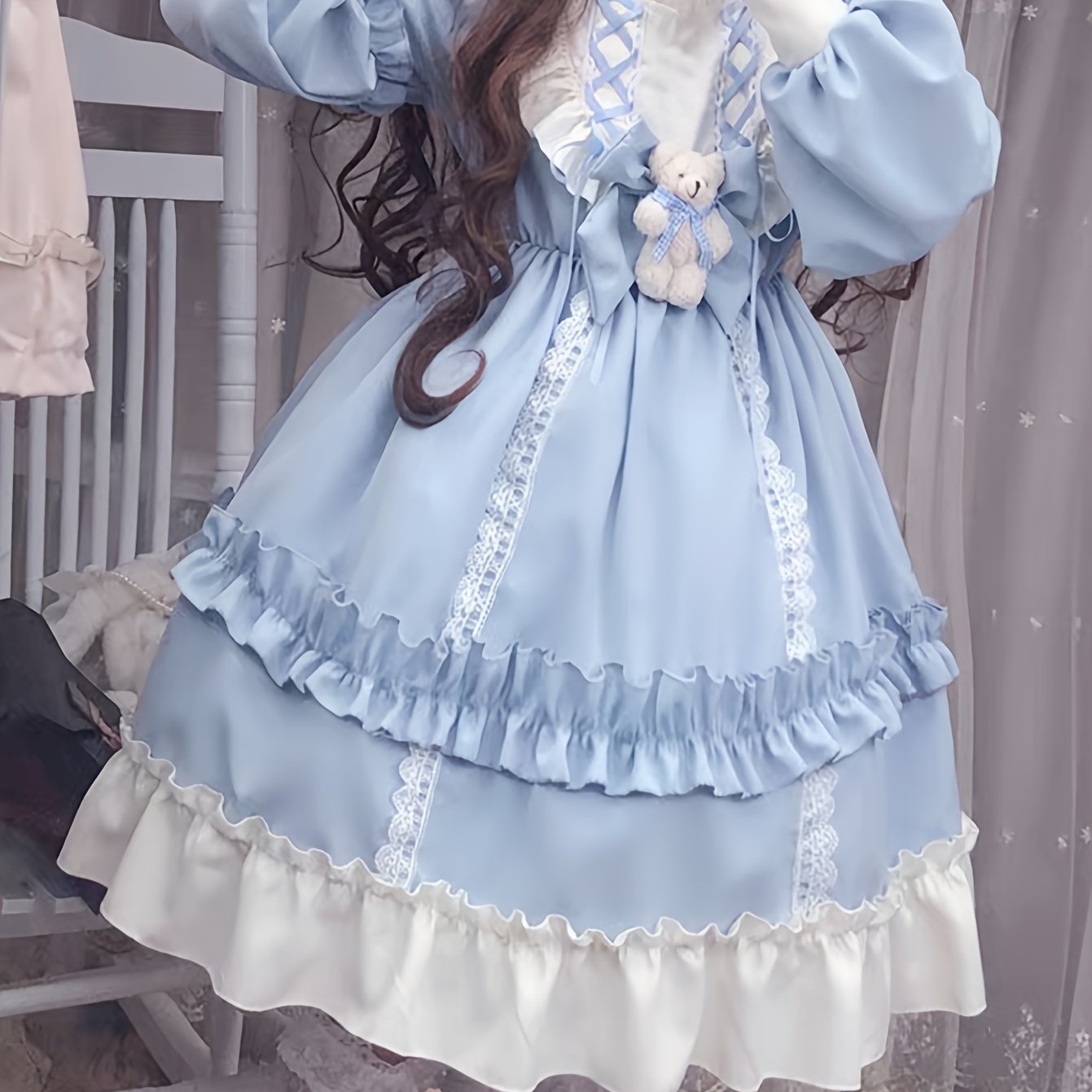 Image of Light Blue Lace And Ruffle Princess Dress - Made Of Fiber Material, Fits All Long Sleeved Role-playing Clothing, With Plush Bear And Ribbon Bow, Suitable For A Body Size Of 45-60
