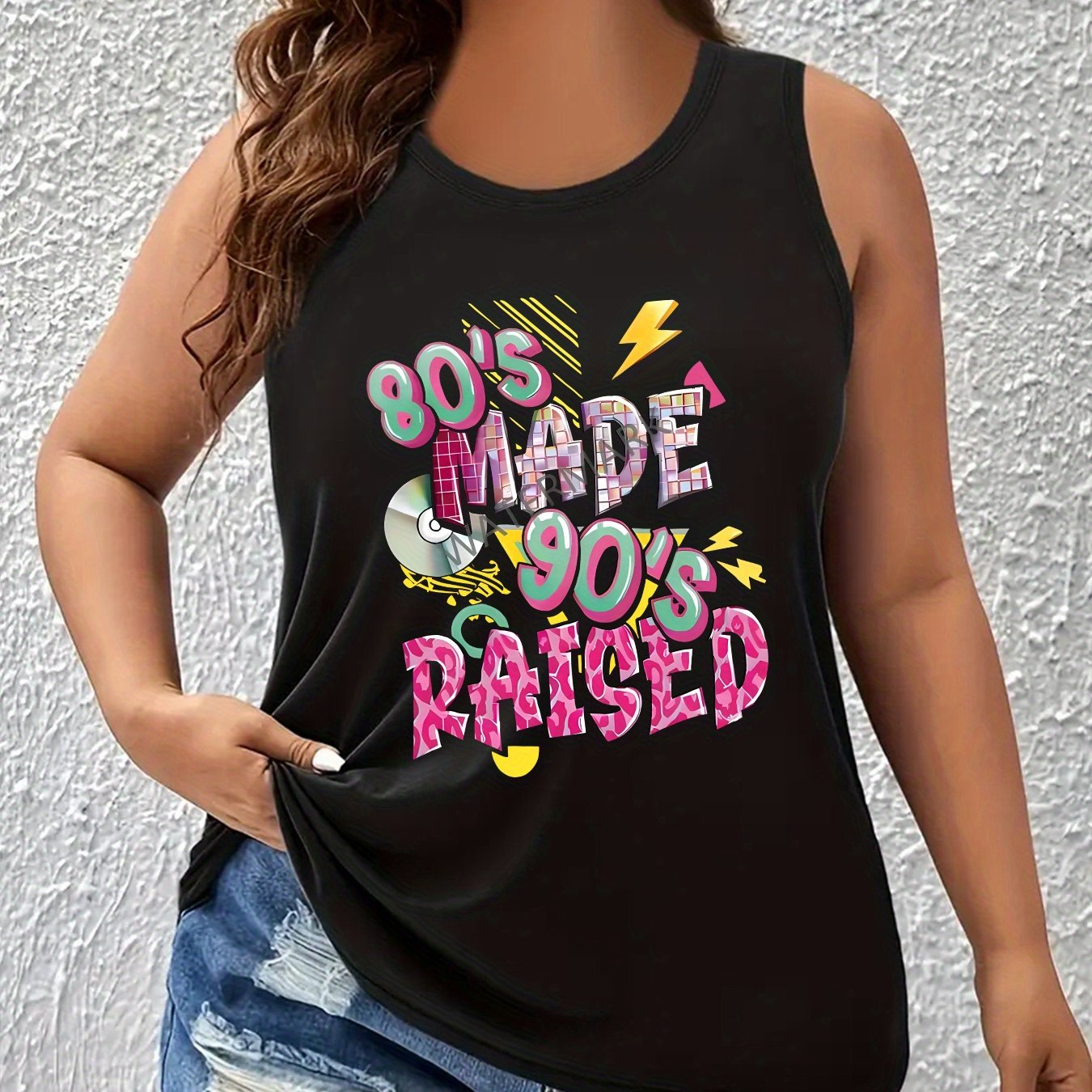 TEMU Women's Plus Size Retro 90s Graphic Sleeveless Tank Top - Letter Print Round Neck Casual Streetwear, Machine Washable Fit, Ladies Tank Tops,