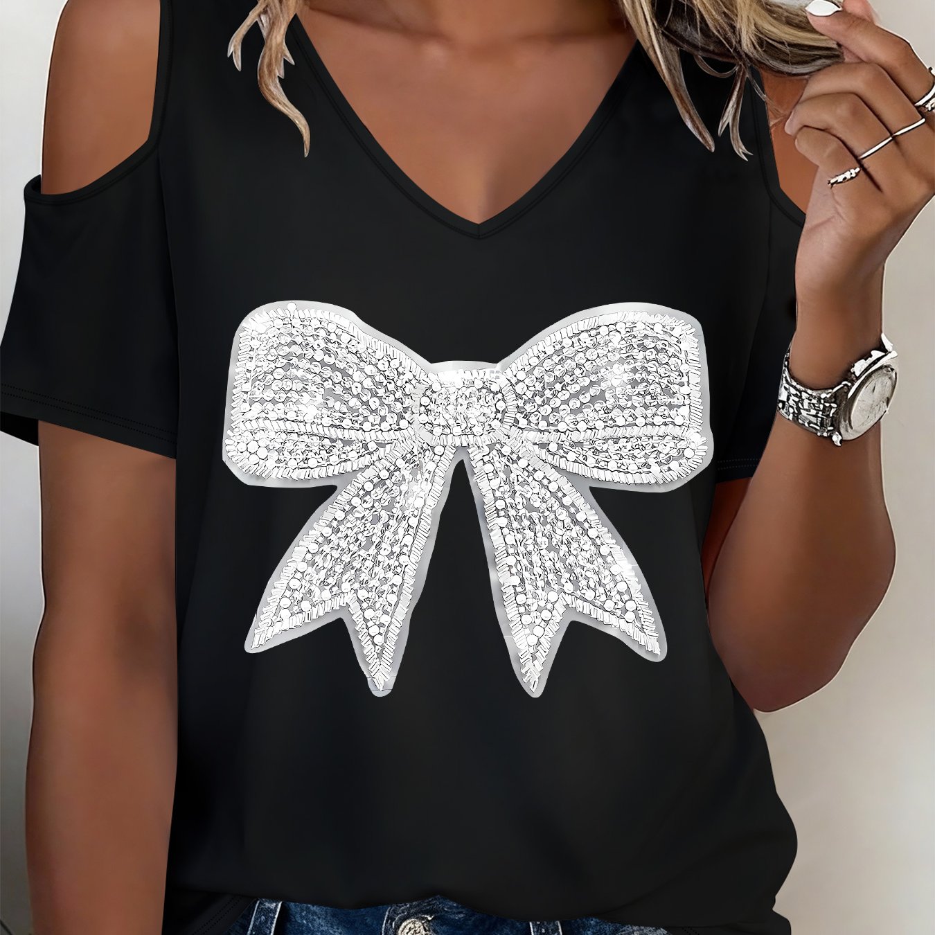 TEMU (002#) Women's Fashion Off-shoulder V-neck T-shirt, Off-shoulder V-neck Sequin Bow T-shirt, Fashionable And Versatile