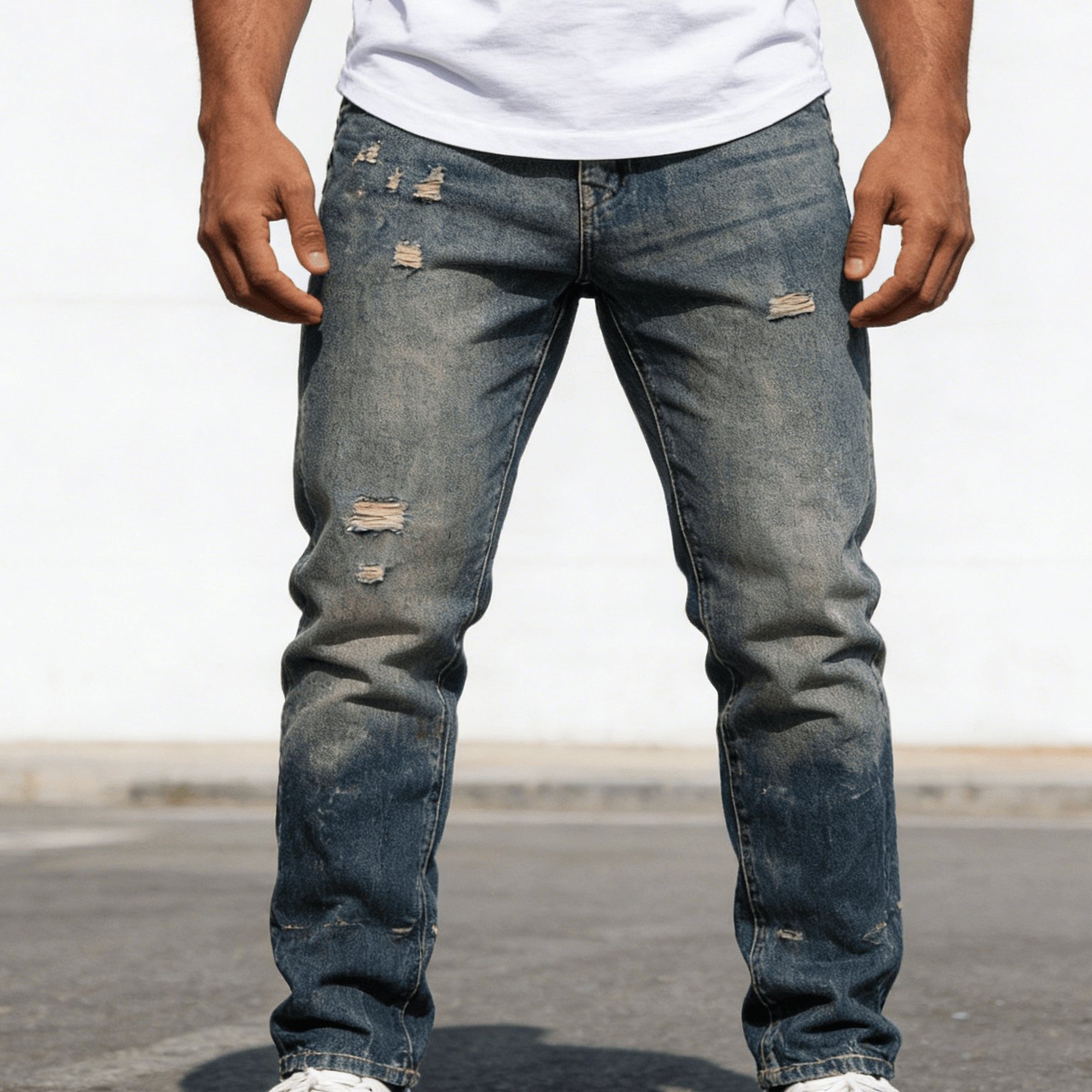 Image of Men's Vintage Washed Distressed Ripped Jeans - Slim-fit Straight Denim Pants With Frayed Hem & Gradient Wash, Retro High-street Style Suitable For Casual Wear, Machine Washable Trousers