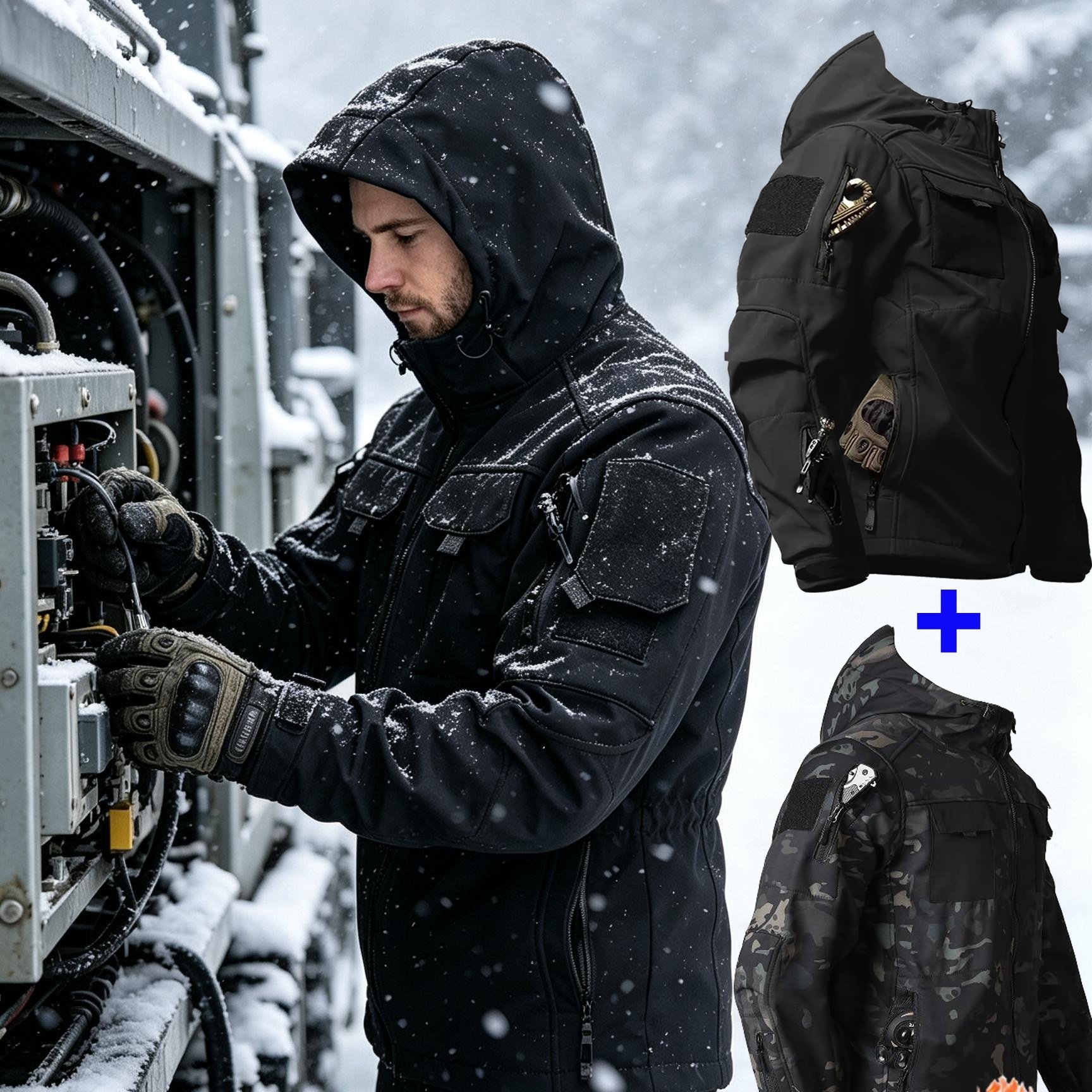 Image of 2pcs 's Plus Velvet Winter Jackets, Multi-pocket Outdoor Camping, Mountaineering, Hiking Soft Shell Jackets, Multifunctional Hooded Tactical Jackets, Winter Work Coat For Men