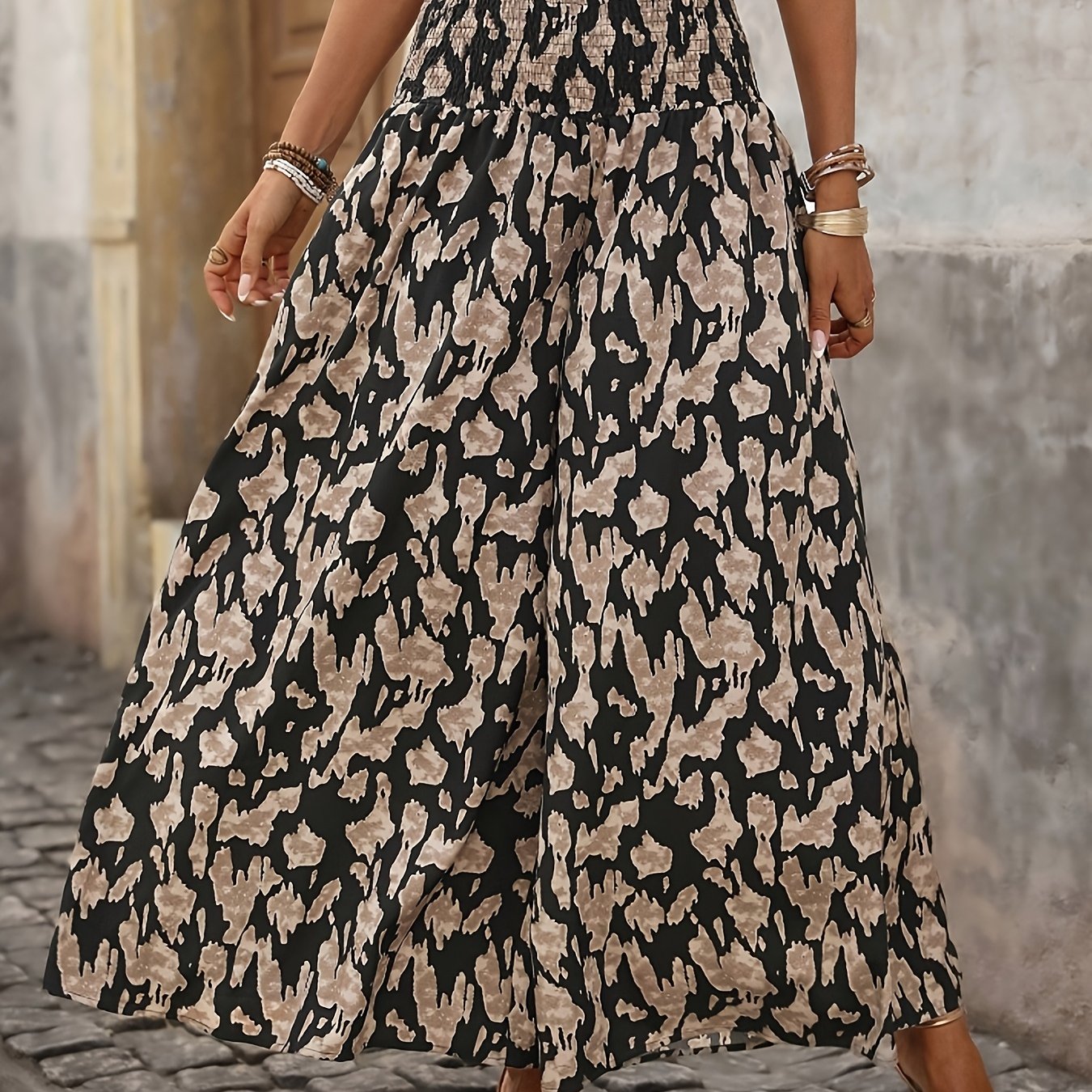 E-shop Neue Damen Freizeit Hose für Frühling und Sommer mit Leopardenmuster, dehnbarer Bund, lockere Wide-Leg Hose, Partykleidung im Bohemian-Stil,