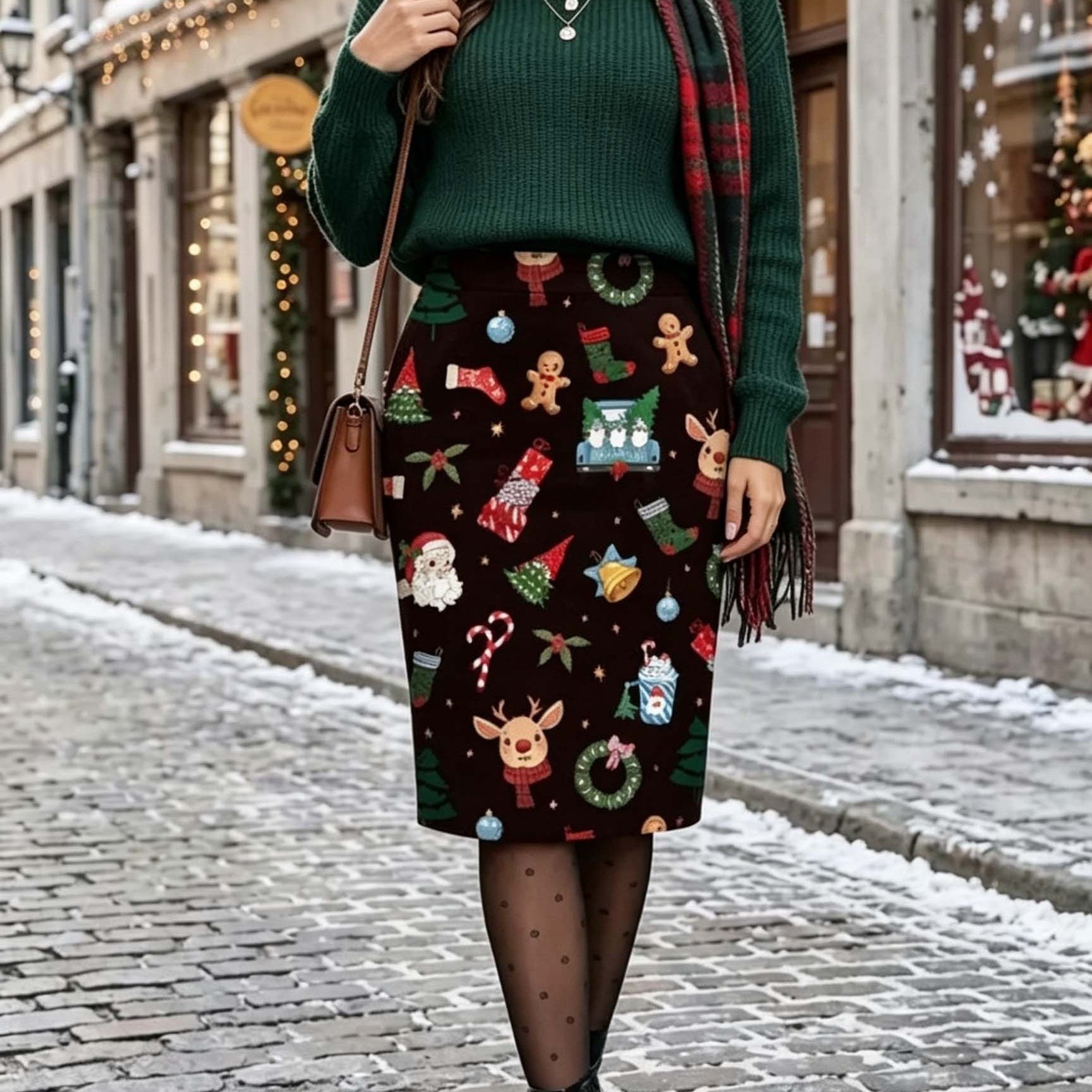 Image of European And American Christmas Half-length Skirt With Deer And Christmas Tree Print Pattern Pencil Skirt, Perfect For Festive During The