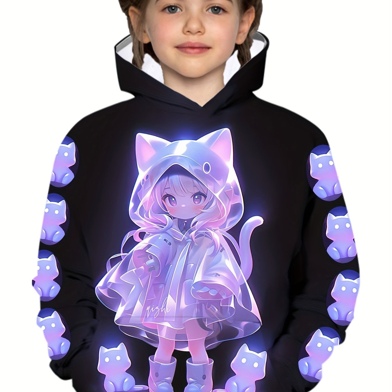 Image of Stylish Hoodie For Cute Cat Girls With 3d Print, Perfect For Outdoor Casual Sports, Trendy Cool Sweatshirt For Kids