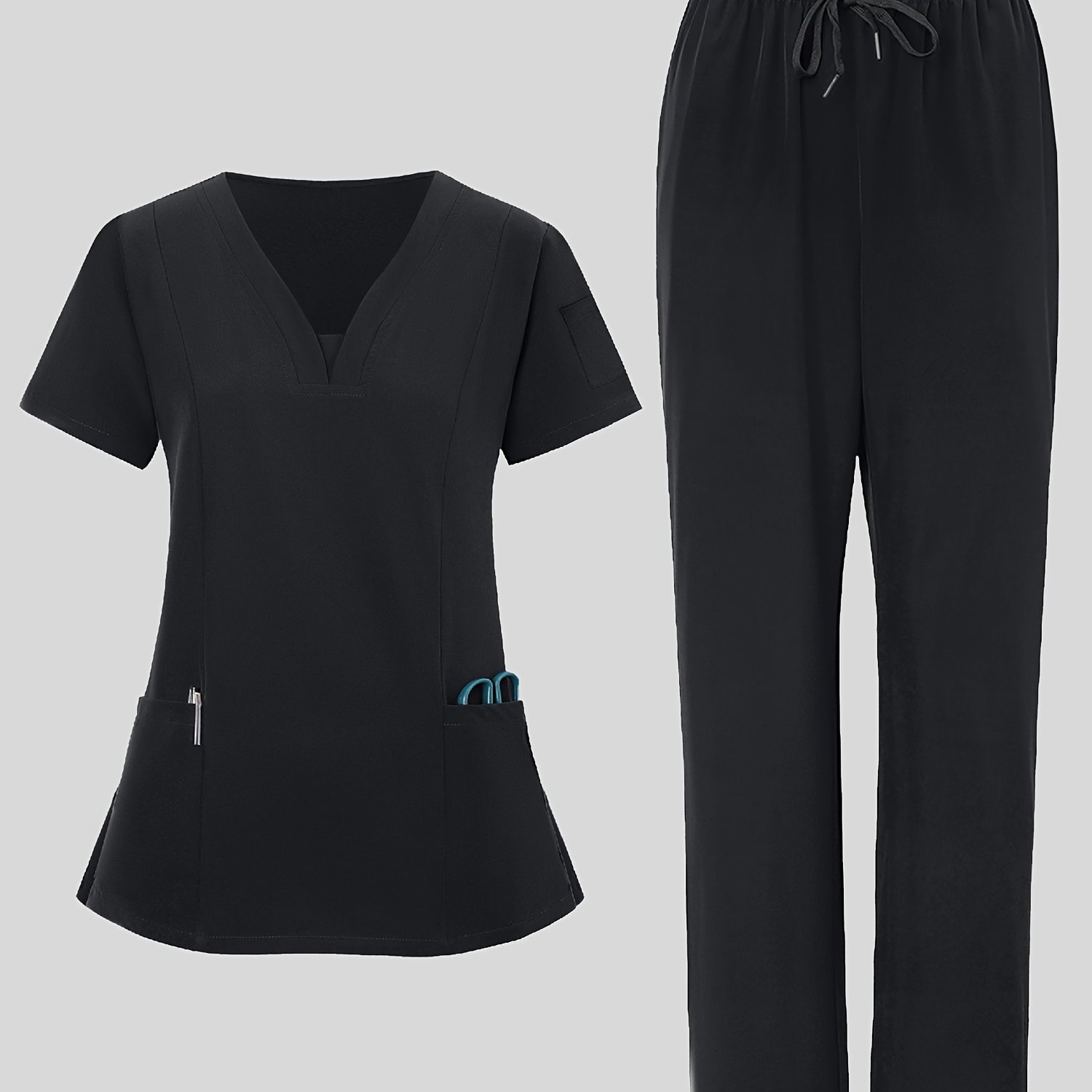 TEMU 2pcs Women's Breathable V-neck Work Uniform - Machine Washable Pocket Detail Matching Top & Pants, Casual Work Clothes Suitable For Work