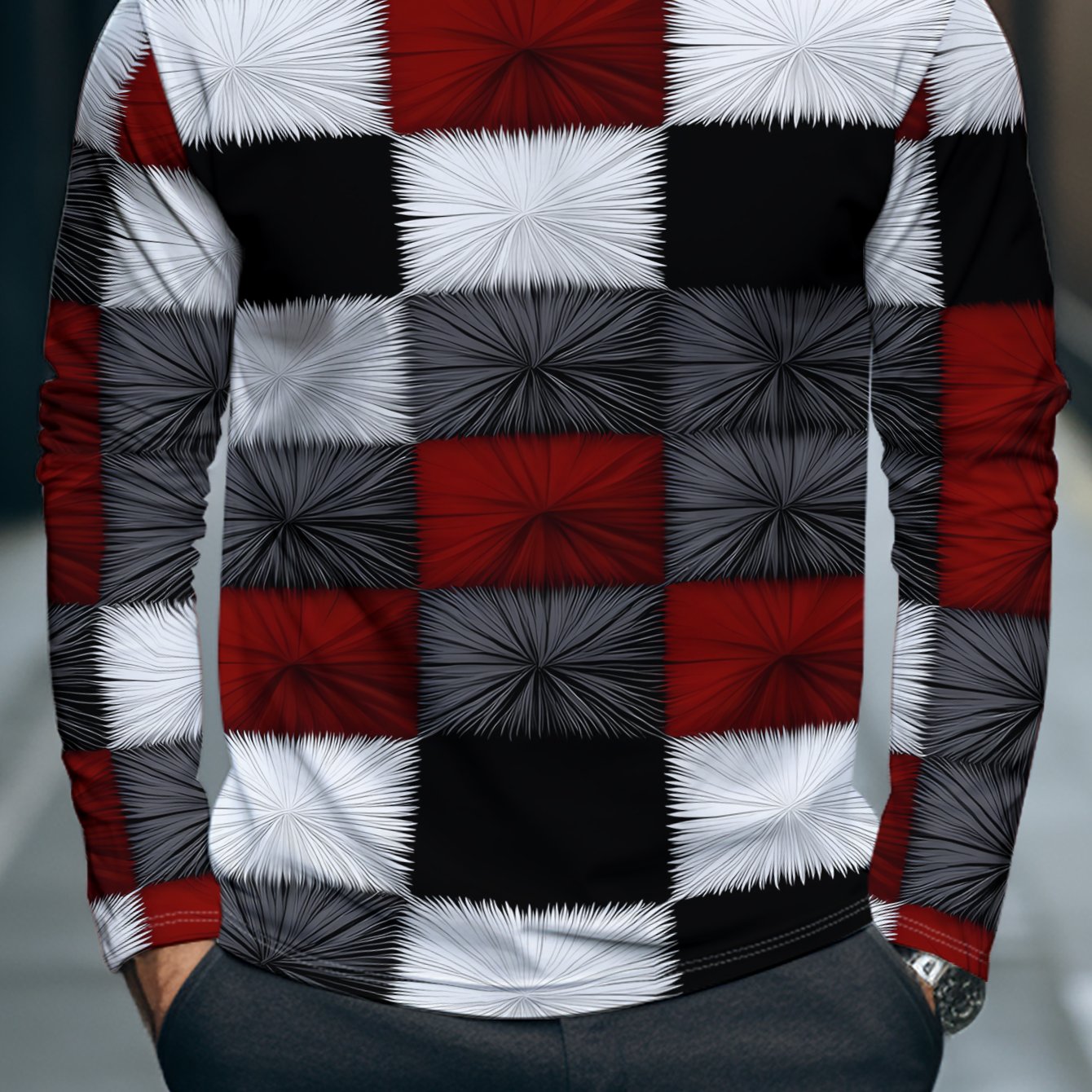TEMU Men's Plus Size Printed Long Sleeve Top Features A Unique Radial Red, Black, And Gray Checkered Pattern. Stretchable And Perfect For Gifting,