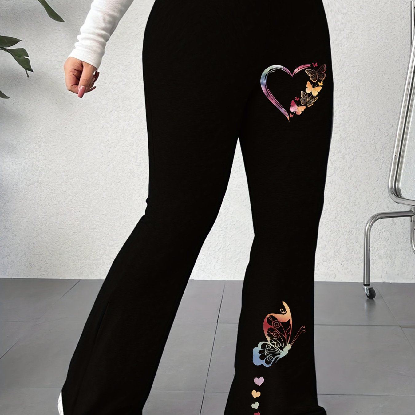 TEMU New Plus-size Women's High-waisted Flared Yoga Pants With Creative Print Design In Black, Made From Stretchy Fabric, Machine Washable, Suitable