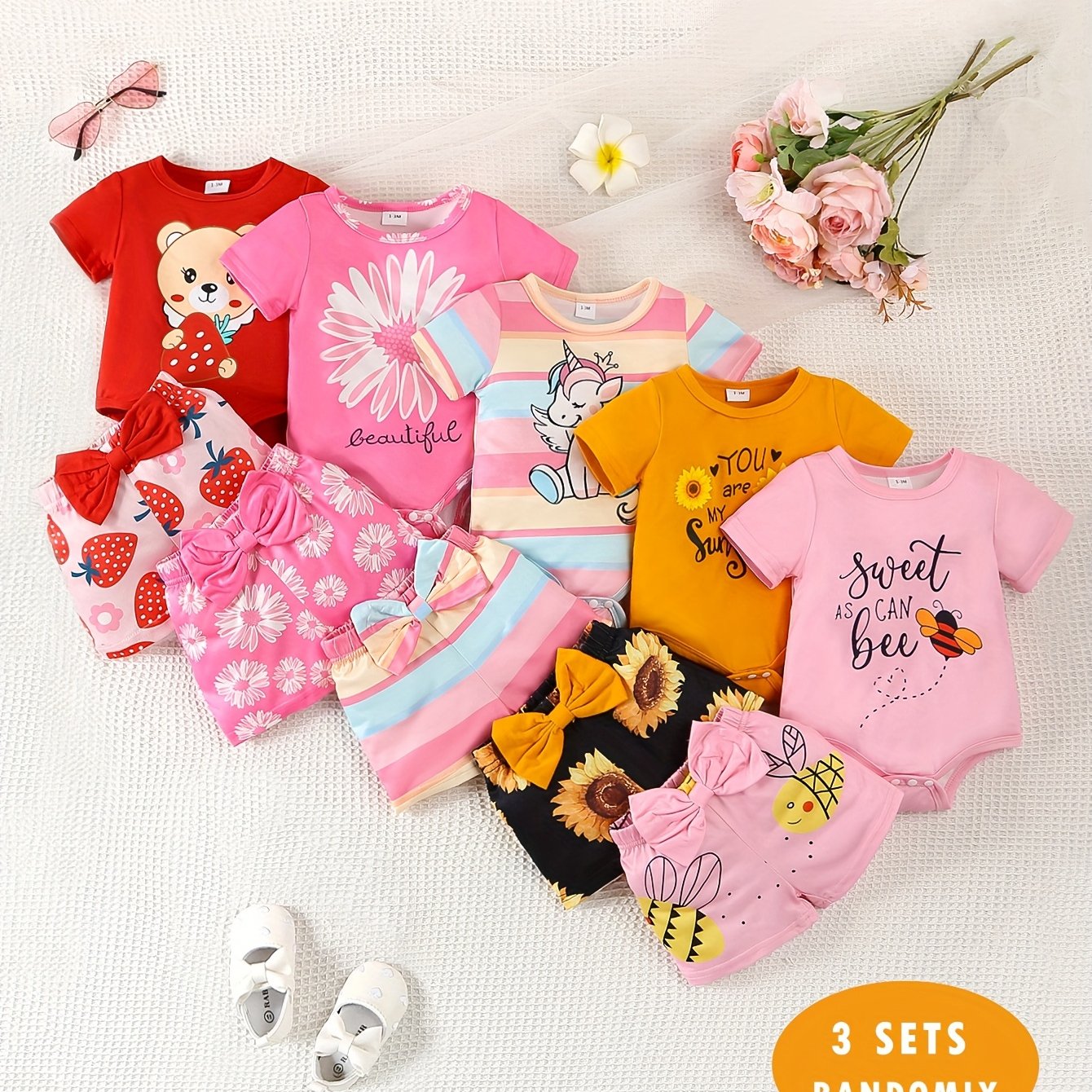 3 Random Sets Of Newborn Summer Short-sleeved Rompers With Shorts, Perfect For Outdoor