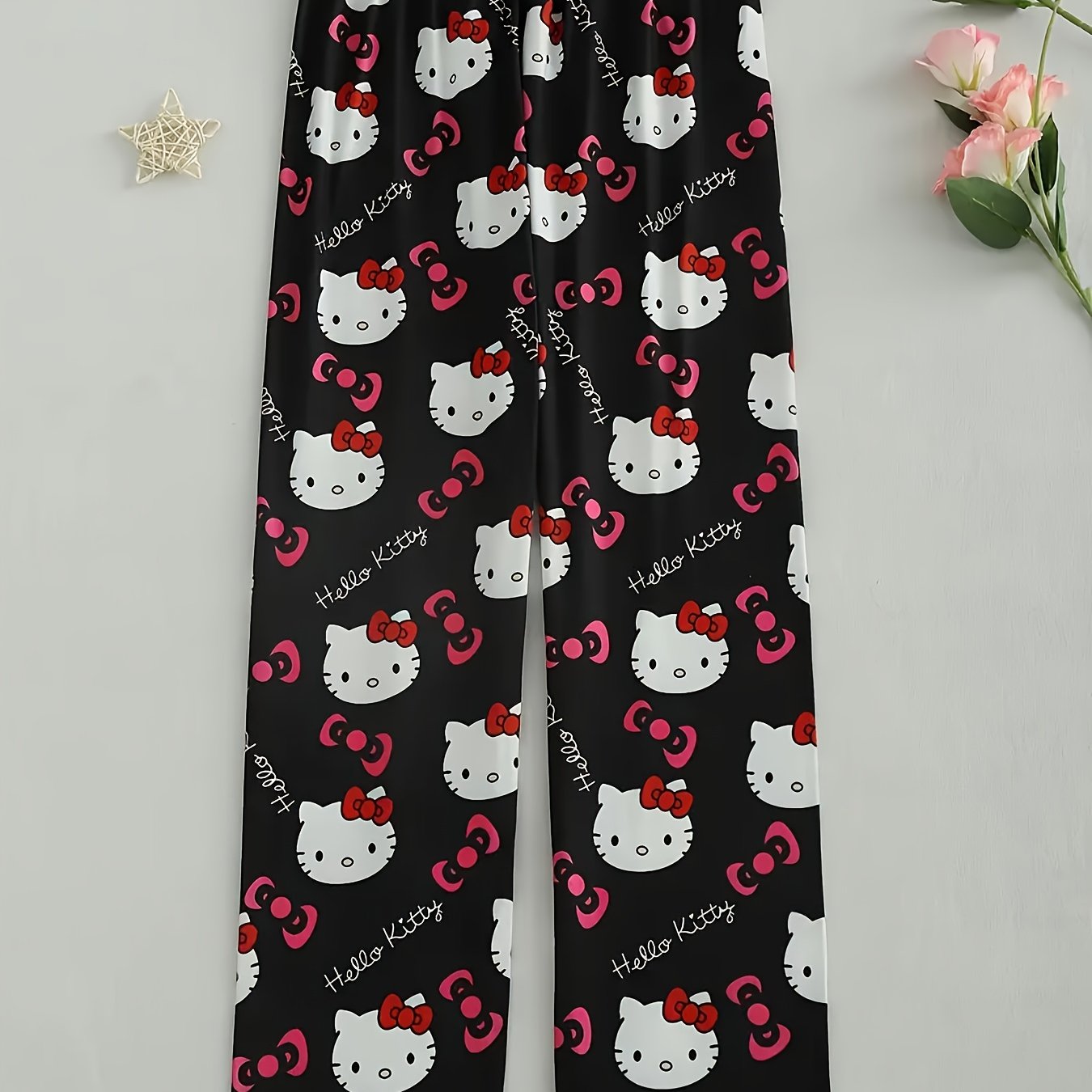 Hello Kitty Printed Pajama Pants, Elastic Waist Long Pants, Cute Teen Home Clothes, Polyester And Spandex, Machine Washable, Hello Kitty Pajama Pants, Loose Fit, Casual, Home Sleepwear