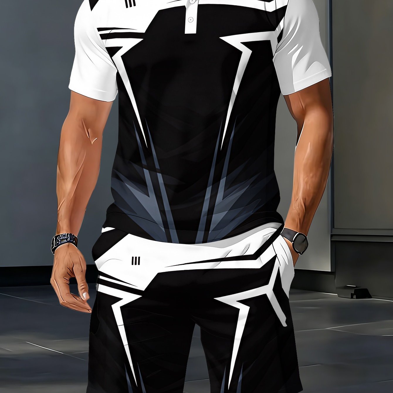 TEMU Men's Shirt Short-sleeve Top And Shorts Two-piece Set, Black And White Geometric Print For Summer Casual Streetwear, Outdoor, Beach Relaxation,