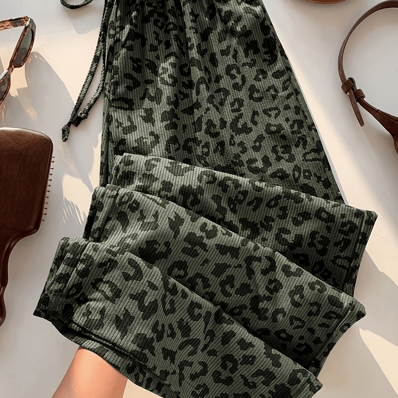 TEMU Plus Size Women's High-waist Casual Leopard Print Loose Trousers, High-waist Wide-leg Pants, Autumn, Casual, Daily