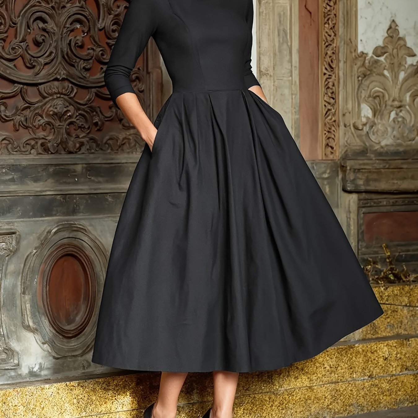 TEMU Women's Vintage A-line Dress With Asymmetric Neckline - Elegant Solid Color -length Gown, Machine Washable Wedding & Party Dress For Wear,