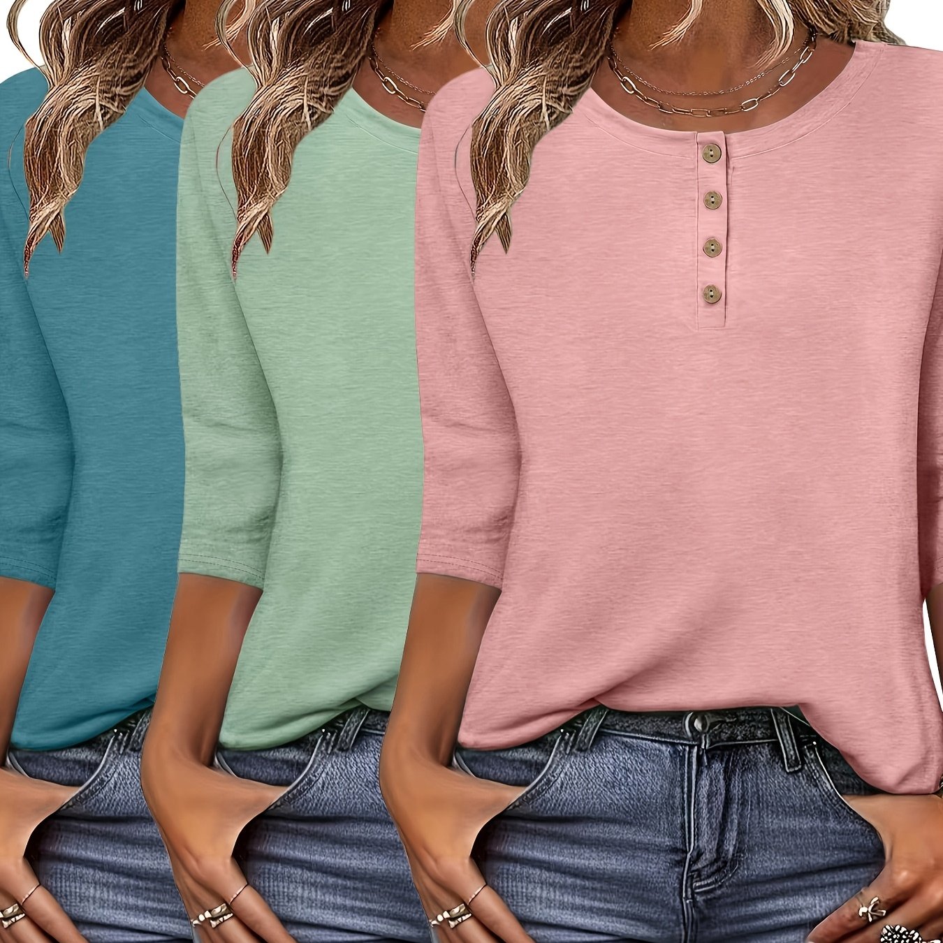 TEMU Circle Direction-3pcs Solid Round Neck 3/4 Sleeve, Women's Fashion Spring Summer New Women's Clothing, Casual Loose Top, Button Design, Daily