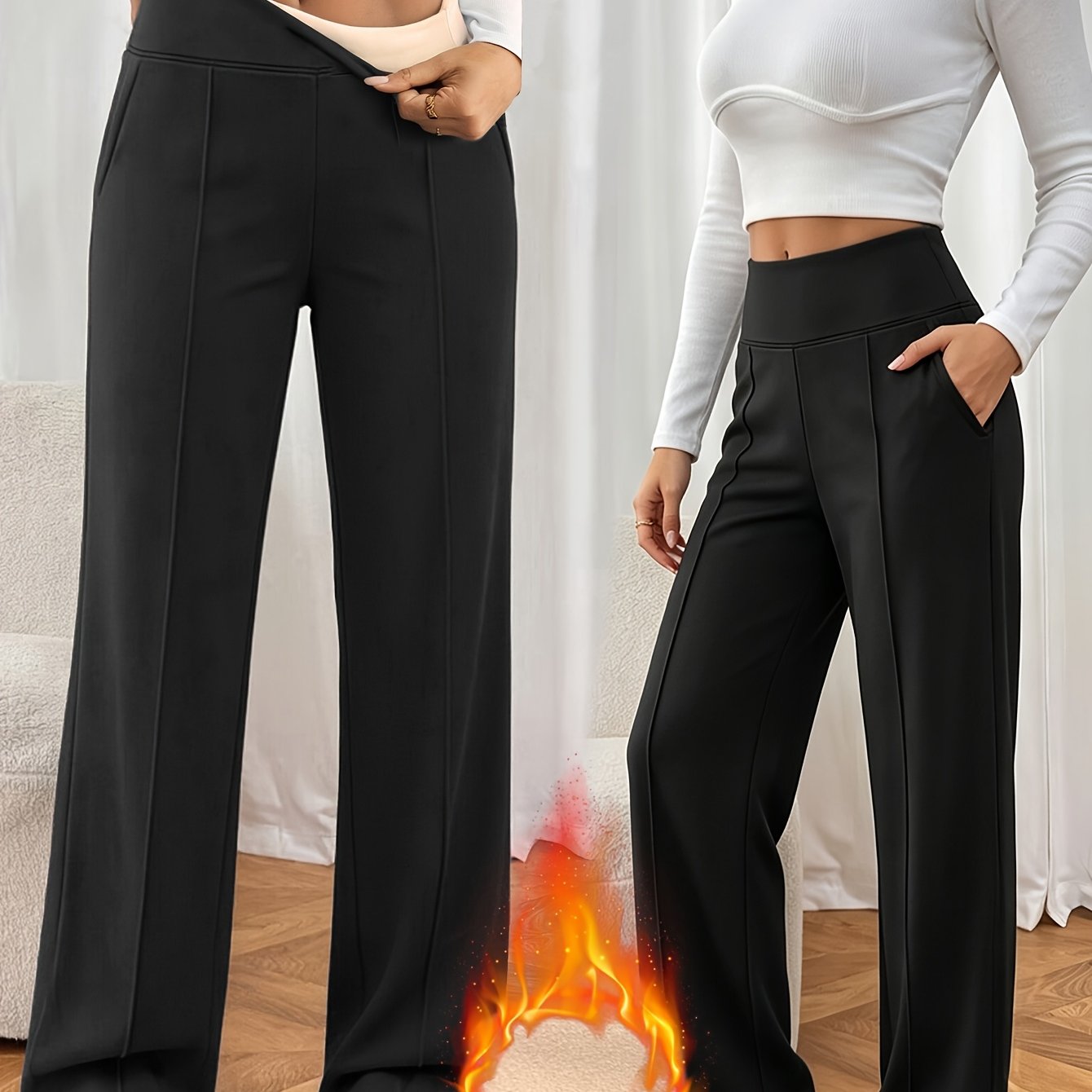 TEMU Pantalon Épais Doublé d'Hiver pour Femme, Extensible, Taille Haute, Jambe Droite avec 2 Poches, Pantalon Large et , , Chaud et Confortable, , et