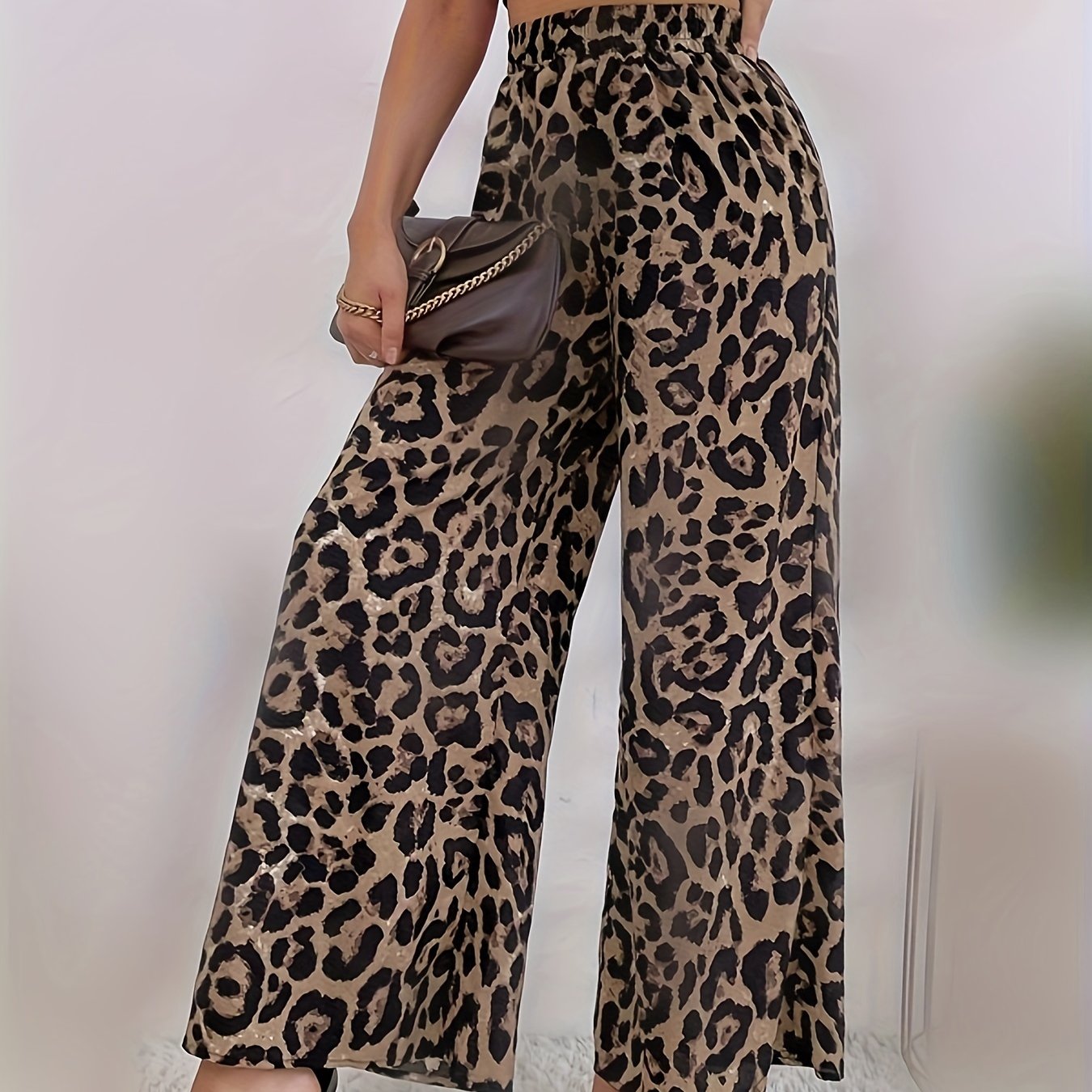 TEMU Leopard Print Wide Leg Pants, Casual Elastic Waist Pants For Spring & Summer, Women's Clothing