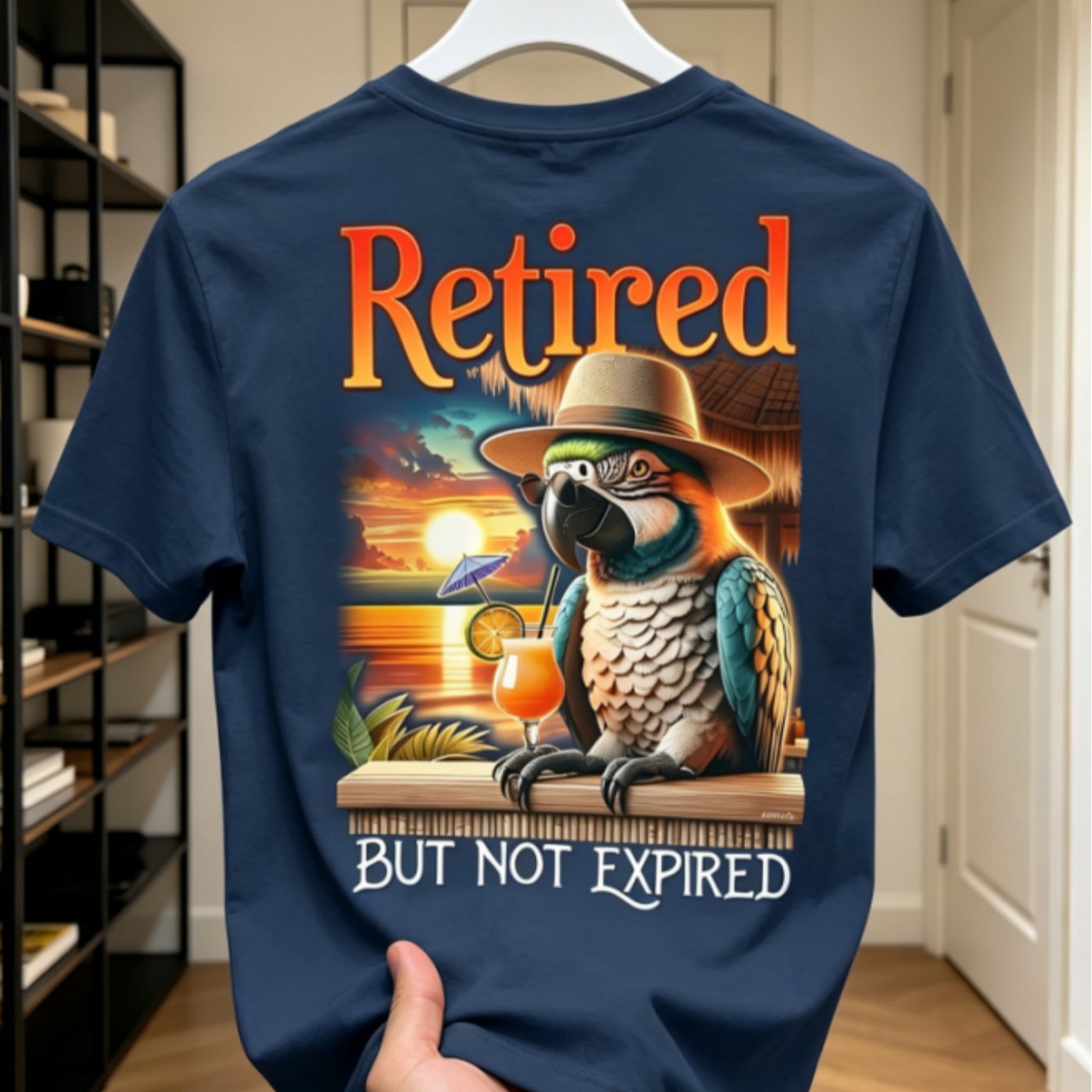 TEMU Men "retired Expired" Parrot With Cocktail Beach Print T Shirt Casual Vacation Tee