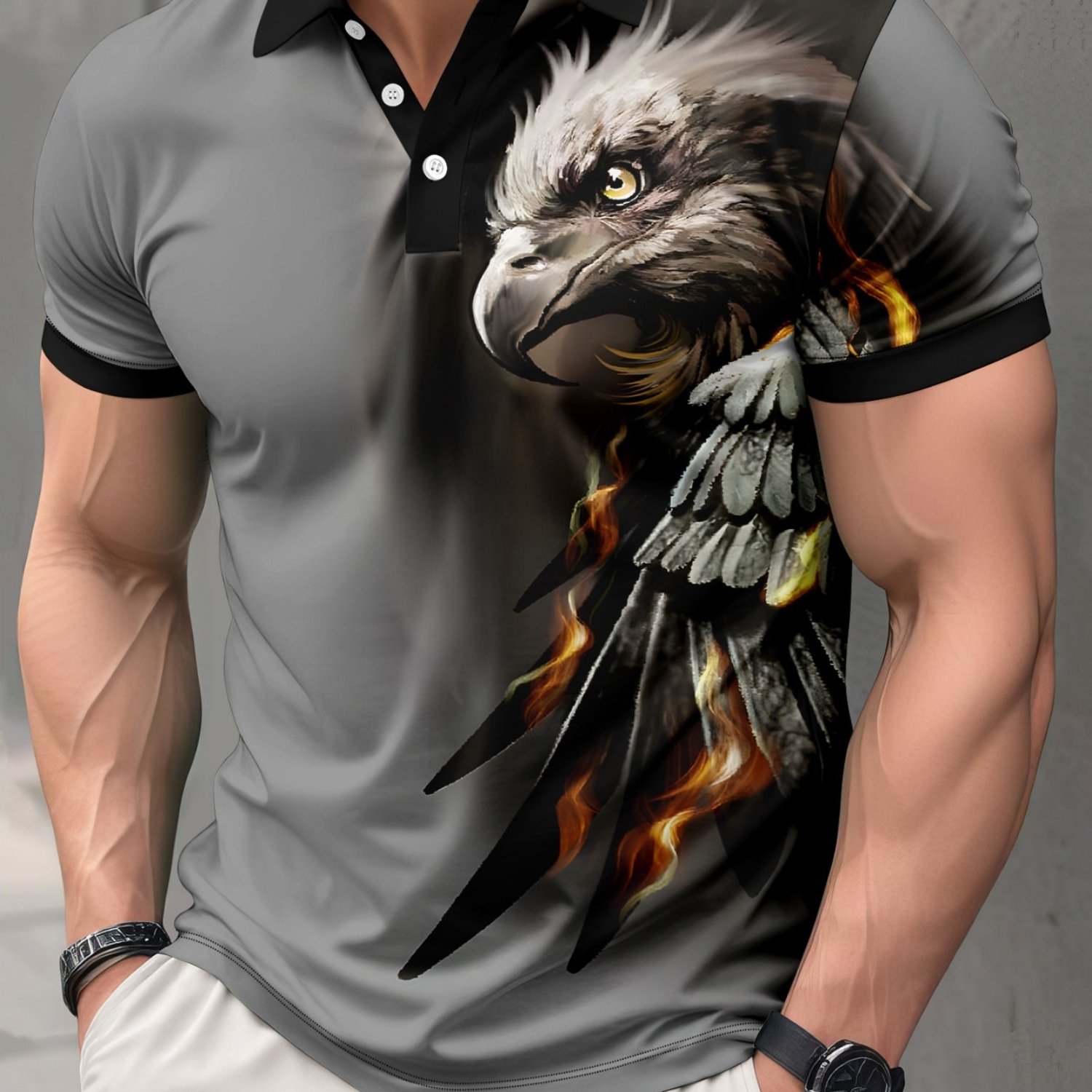 TEMU [printed Design â Not Textured] Men's Fashionable Trendy Casual Shirt, Flame Eagle Head Color-block , Men's Slimming Lapel Short-sleeve Shirt,