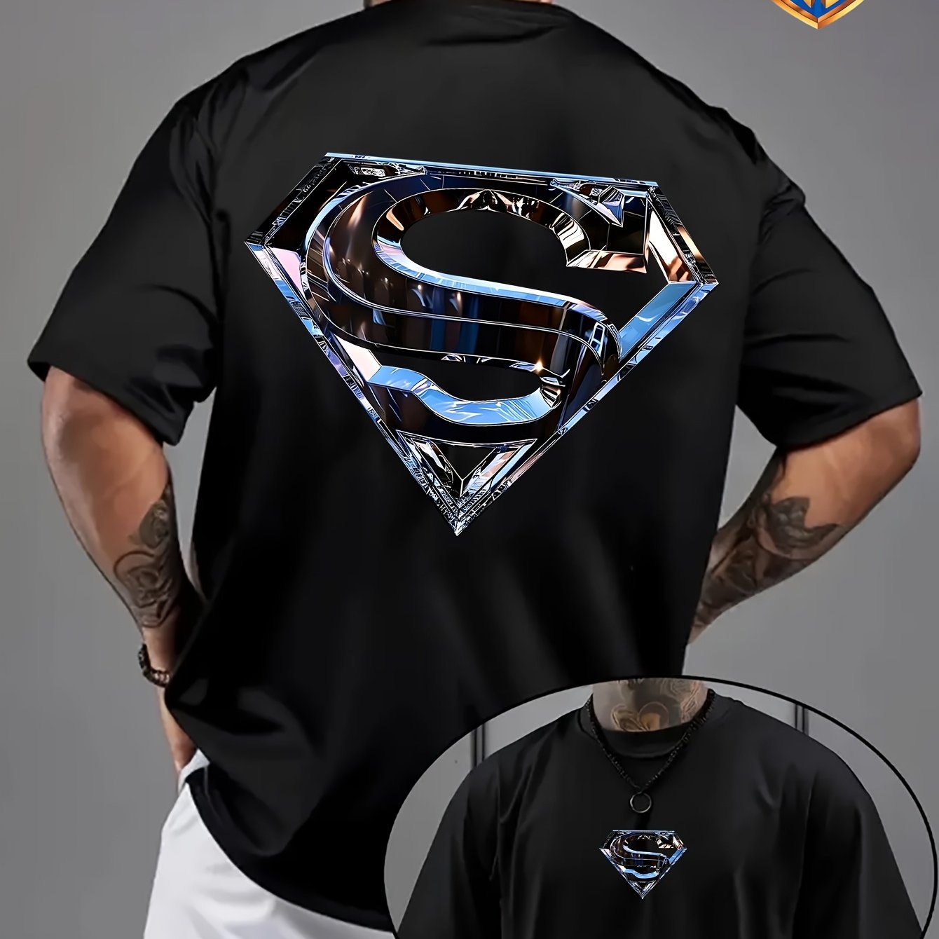 Image of Chrome 3d Superman Logo Men's T-shirt, High-quality Pure Cotton, Crew Neck, Casual And Fashionable, Summer Clothing, Suitable For Going Out Or Weekend Vacations, Unisex