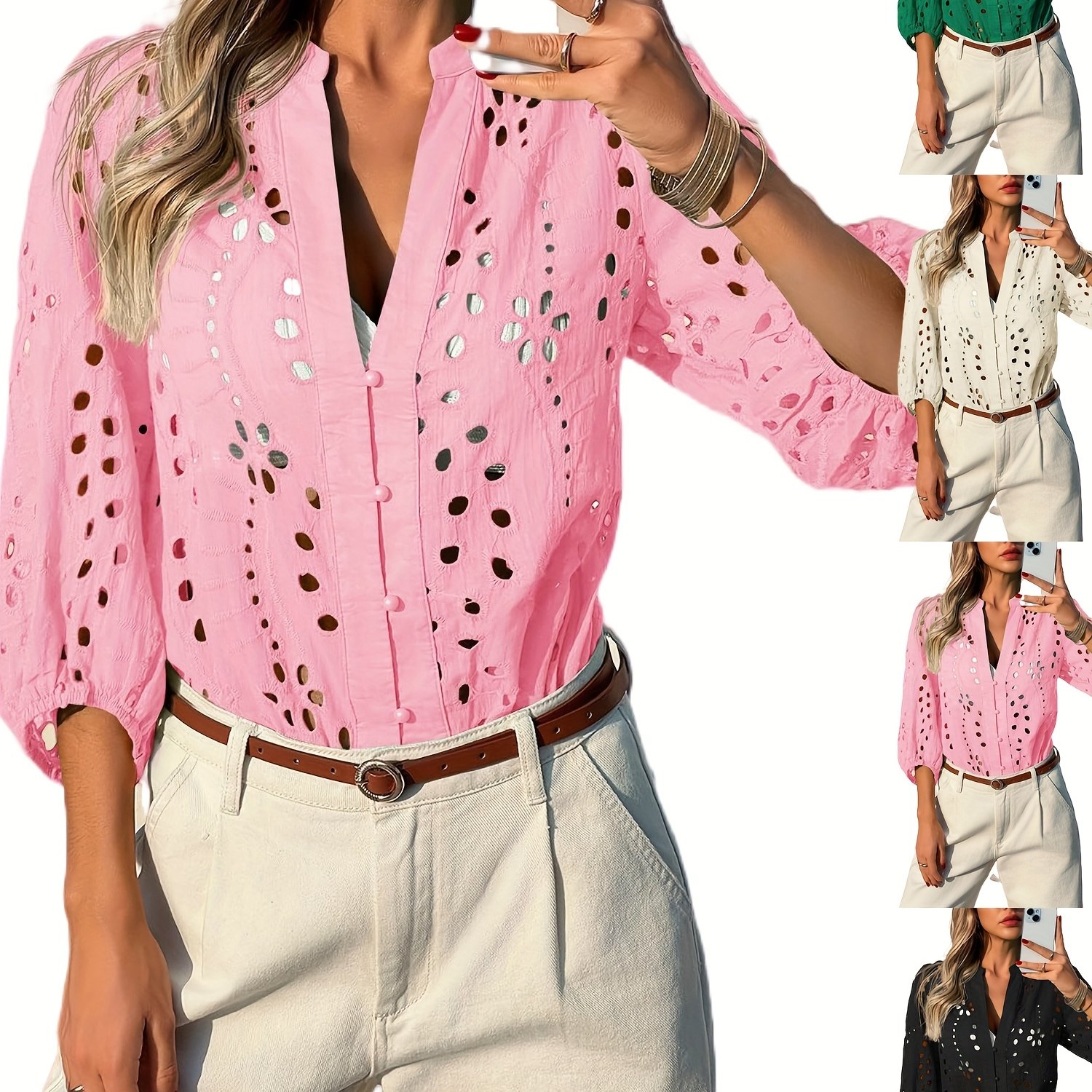 Women&#39;S Deep V Neck Blouse - Eyelet Lace 3/4 Balloon Sleeve Button Shirt, Dressy Casual Top | Breathable Summer Shirt
