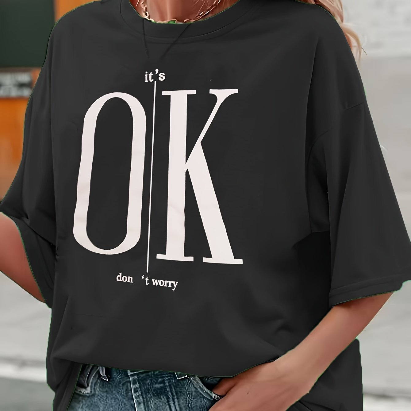 Plus Size, Plus Size Women's " Ok" Motivational T-shirt - Black With White Letter Print, Round Neck Casual Elegant Top, Machine Washable , Versatile Clothing, Minimalistic Design, Fabric