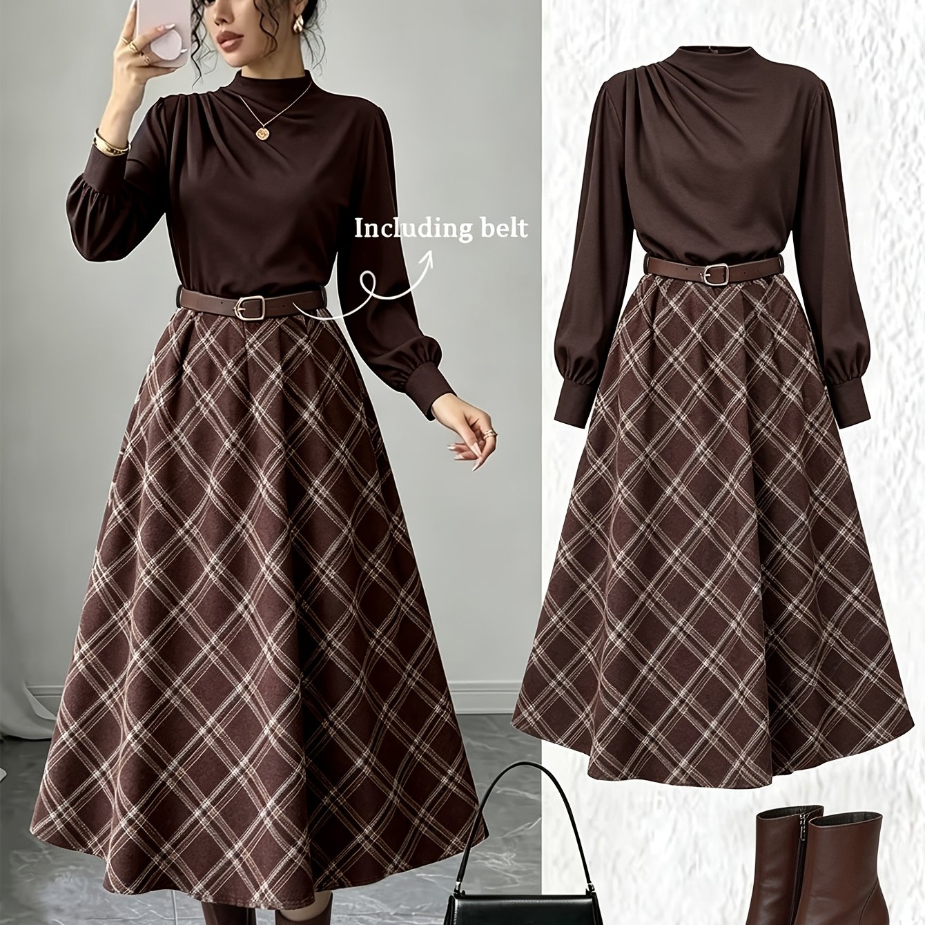 TEMU Retro Kaffee-farbenes Kleid mit mittelhohem Kragen und Schulter-Nippel-, Damen Laternenärmel Karo-Rock mit Gürtel, Herbst/Winter Kleid