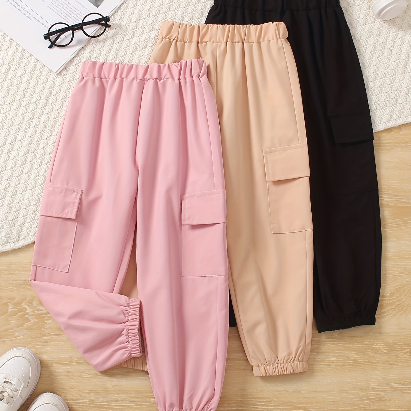 Image of 3pcs Girls' Fashionable Casual Solid Color Cargo Pants With Side Pockets, Long Pants, Suitable For Outdoor Wear, Ideal As A Gift, Perfect For Outdoor, Autumn Essentials