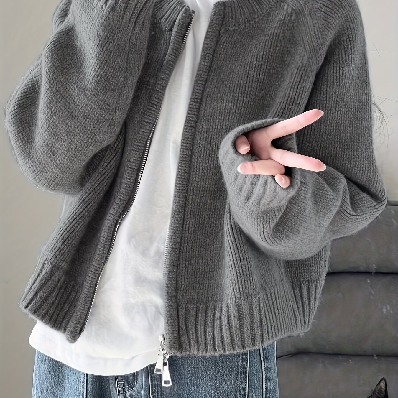 E-shop DJ0520024 Zipper Cardigan Sweater Damen Petite Kurze Länge Herbst Winter Neues Verdicktes Rundhals Oberteil