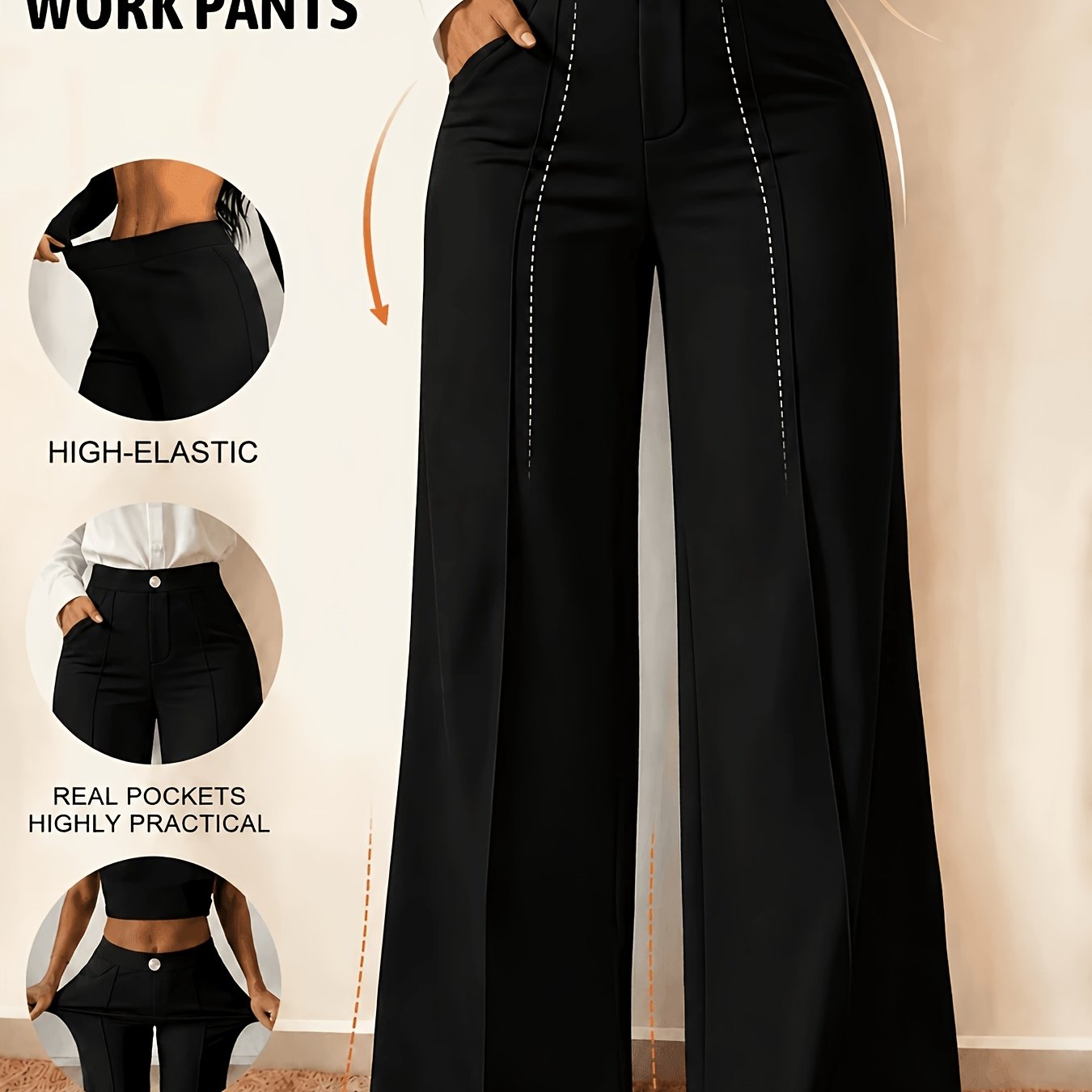 TEMU Plus Size - Women's Plus Size Casual Long Pants With Pockets, Suitable For Daily Wear, Commuting, Office Casual, Wide-leg Design, Flattening And