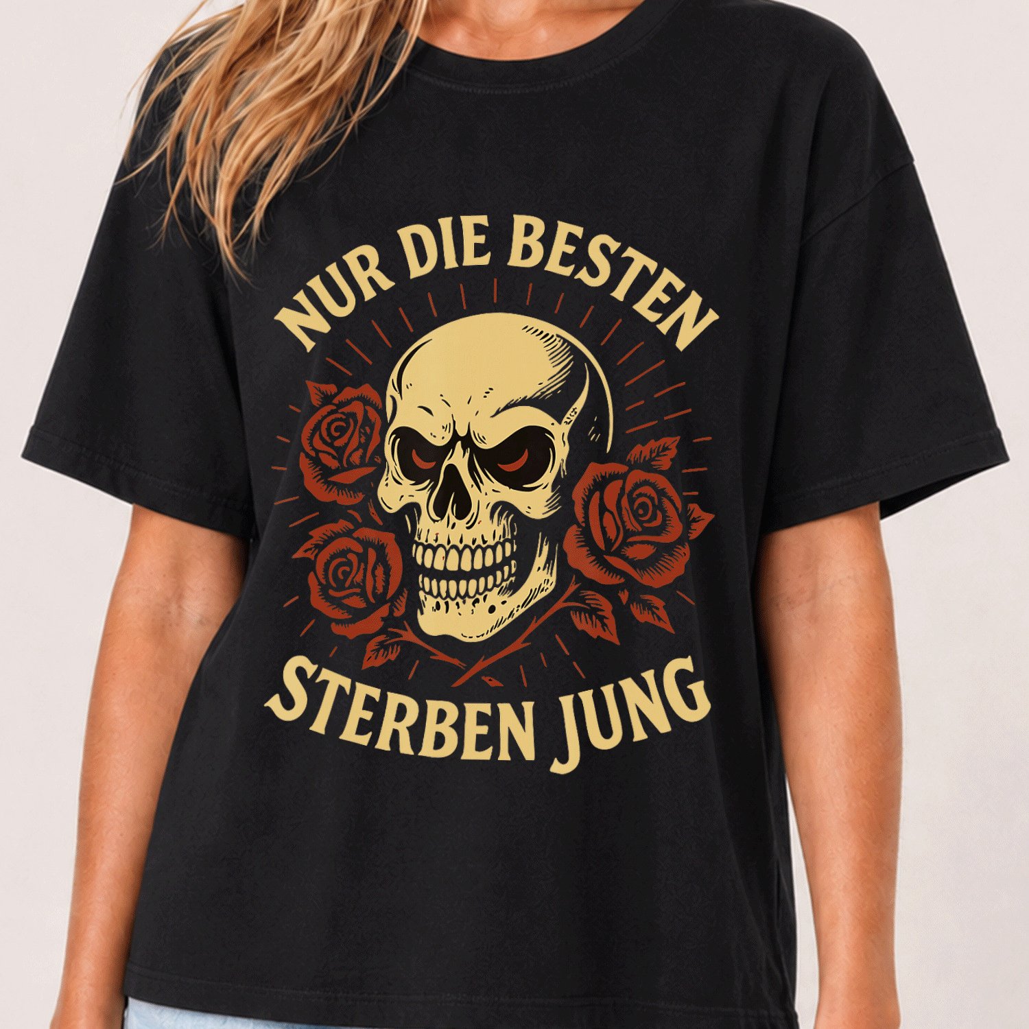 Image of Nur Die Besten Sterben Jung- Rocker Spruch- T-shirt Women's Casual Fashion Slim Fit Colorful Graphic Print Short Sleeve T-shirt, 200g