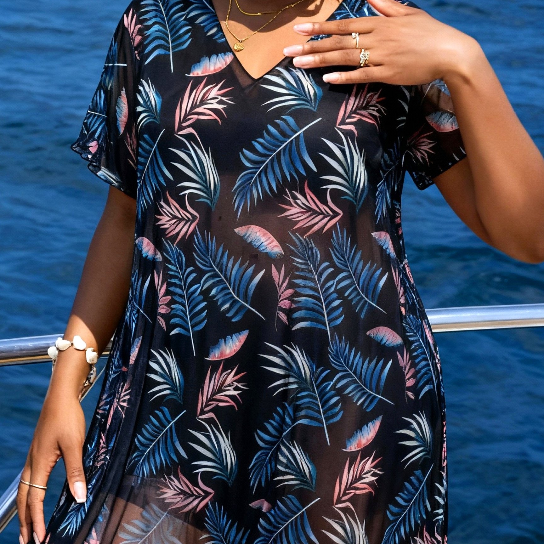 TEMU Plus Size Damen Mehrfarbiges Einzelnes Zufälliges Blattmuster Rundhals Mesh-Überwurf, Einfacher Urlaubsstil Plus Size Bademantel