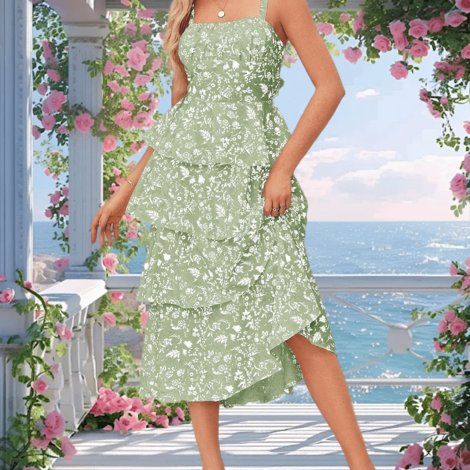 Image of Women Spring Floral Maxi Dress Spaghetti Straps Ruffle Tiered Flowy Casual Dress