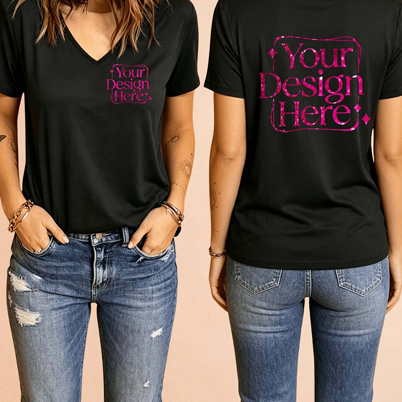 TEMU Custom Printed V-neck Short Sleeve Women's T-shirt, Casual Wear, Versatile And Fashionable Style, Front And Back Customization Available