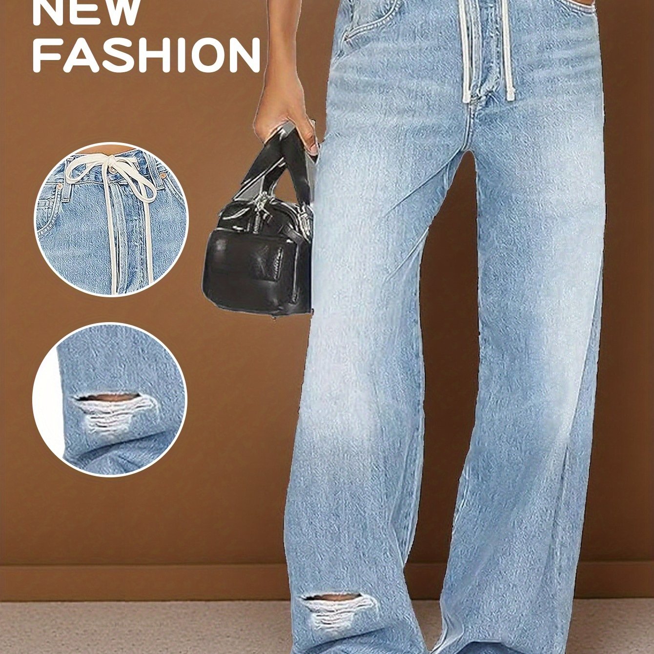 TEMU Women's Relaxed Fit Mid-rise Casual Jeans With Drawstring And Pockets, Stylish And Comfortable, Perfect For Work, Travel, Shopping, And Everyday Use