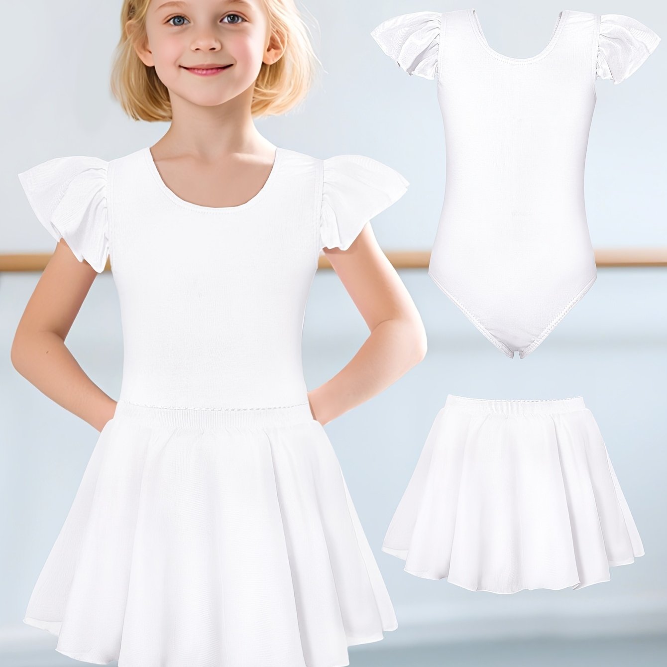Girls' Gymnastics Leotard 2pcs Set Separate Tulle Skirt, Girls' Dance Skirt Practice Wear Flutter Sleeves Bodysuit [composition Reference ]